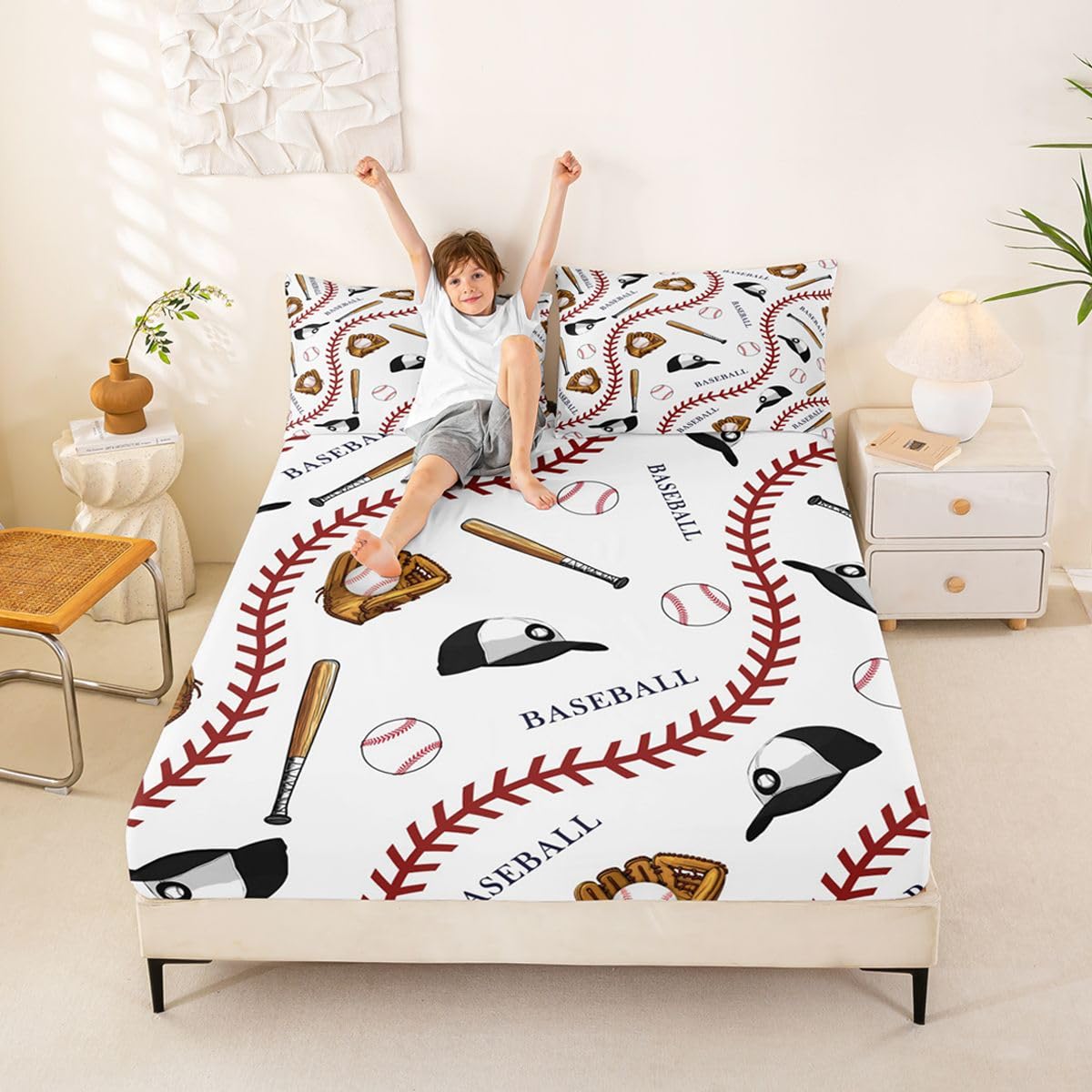 Homewish Prześcieradło z gumką z daszkiem King Baseball Party Prześcieradła Gra Piłka Sport Motyw Zestaw pościeli dla dzieci Chłopcy Dziewczęta, Nowość Ball Sznurowane Czapki Narzuta na łóżko 3 szt