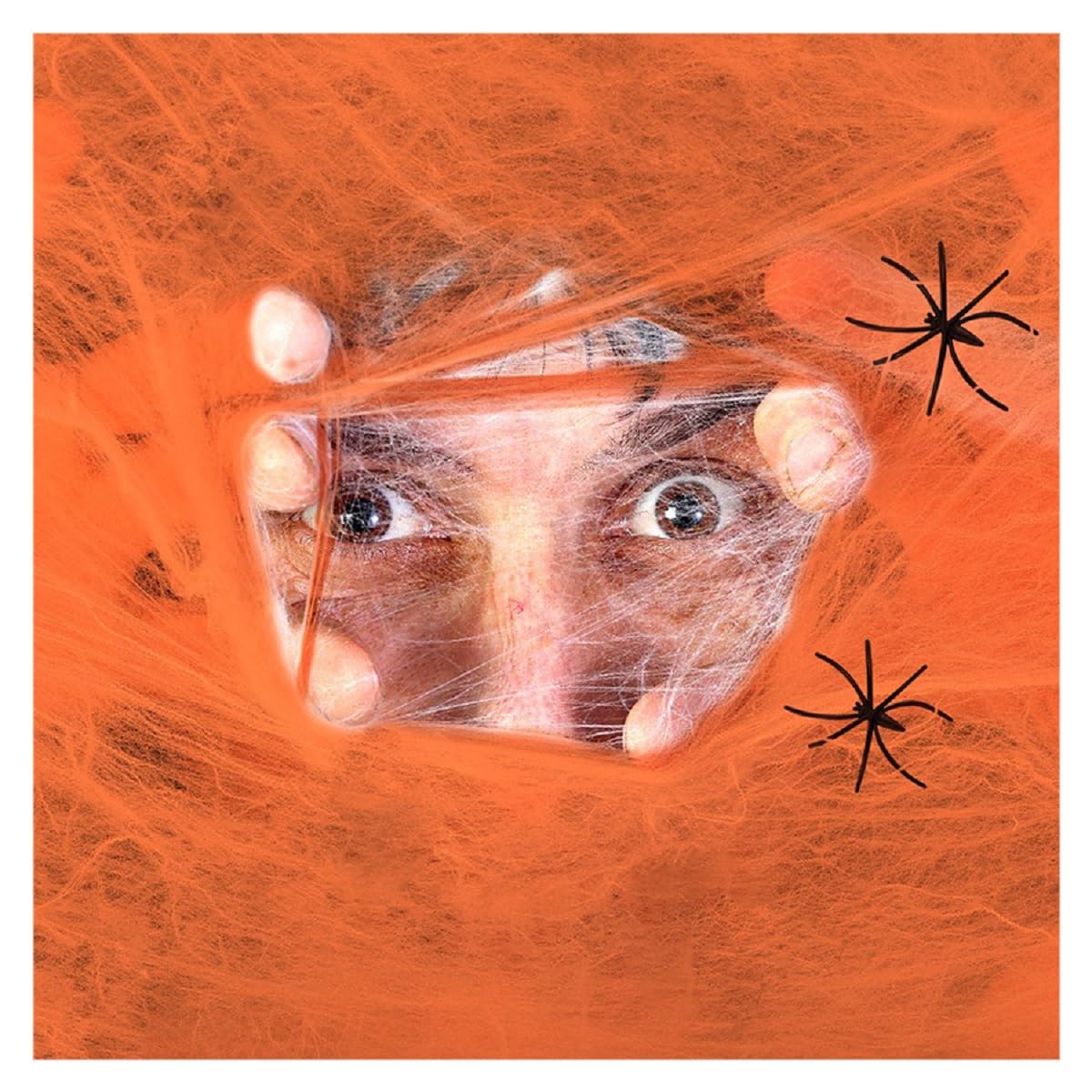 Komonee 3 x Spiderweb Halloween Stretchy Fake Spider Cob Web with Spiders Indoor Outdoor Garden Haunted House Party Decoration Orange — image 1