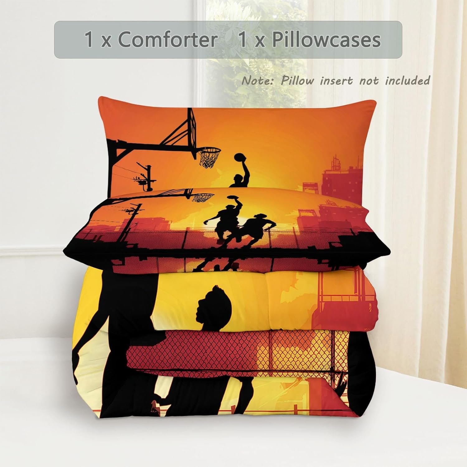 Silhouette Basketball Sunset Comforter Set Twin XL, Bedding Set for Kids and Adults, Orange Color Duvet Set Bedding Decor, Soft Quilt Set with 1 Pillowcase