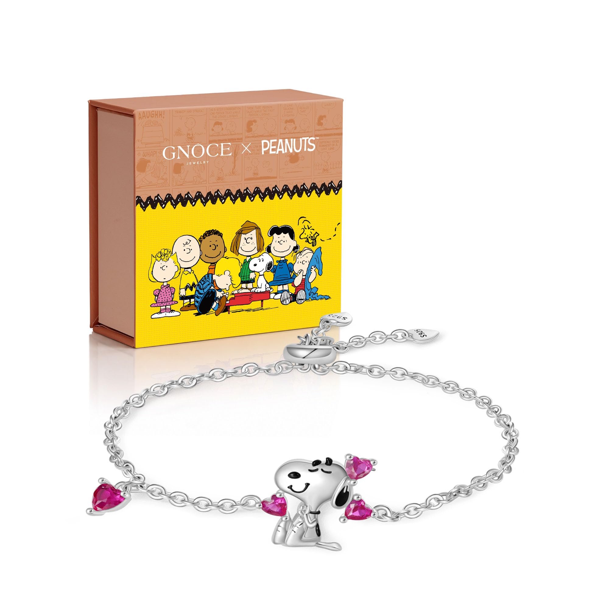 GNOCE Bracciale Peanuts Snoopy Cuore Argento Sterling 925 Regolabile - Gioielli Regalo Ragazze Bambini