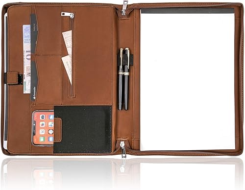 Cartera de cuero de negocios, hecha a mano, de cuero de grano completo, carpeta de documentos ejecutiva con cremallera para hombres y mujeres, funda