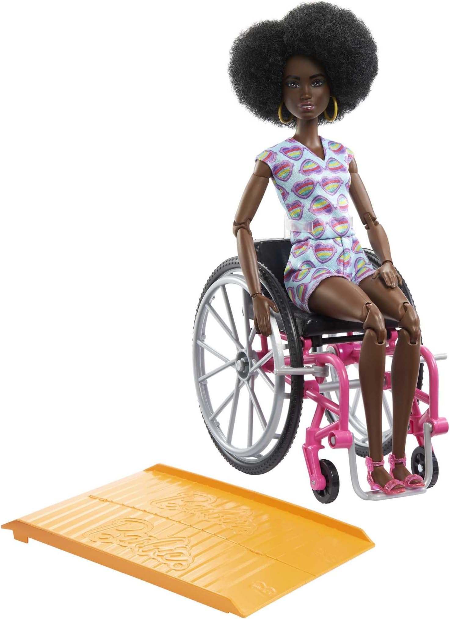 Barbie Doll with Wheelchair and Ramp, Kids Toys, Barbie Fashionistas, Curly Black Hair, Rainbow Heart Romper, Clothes and Accessories, HJT14