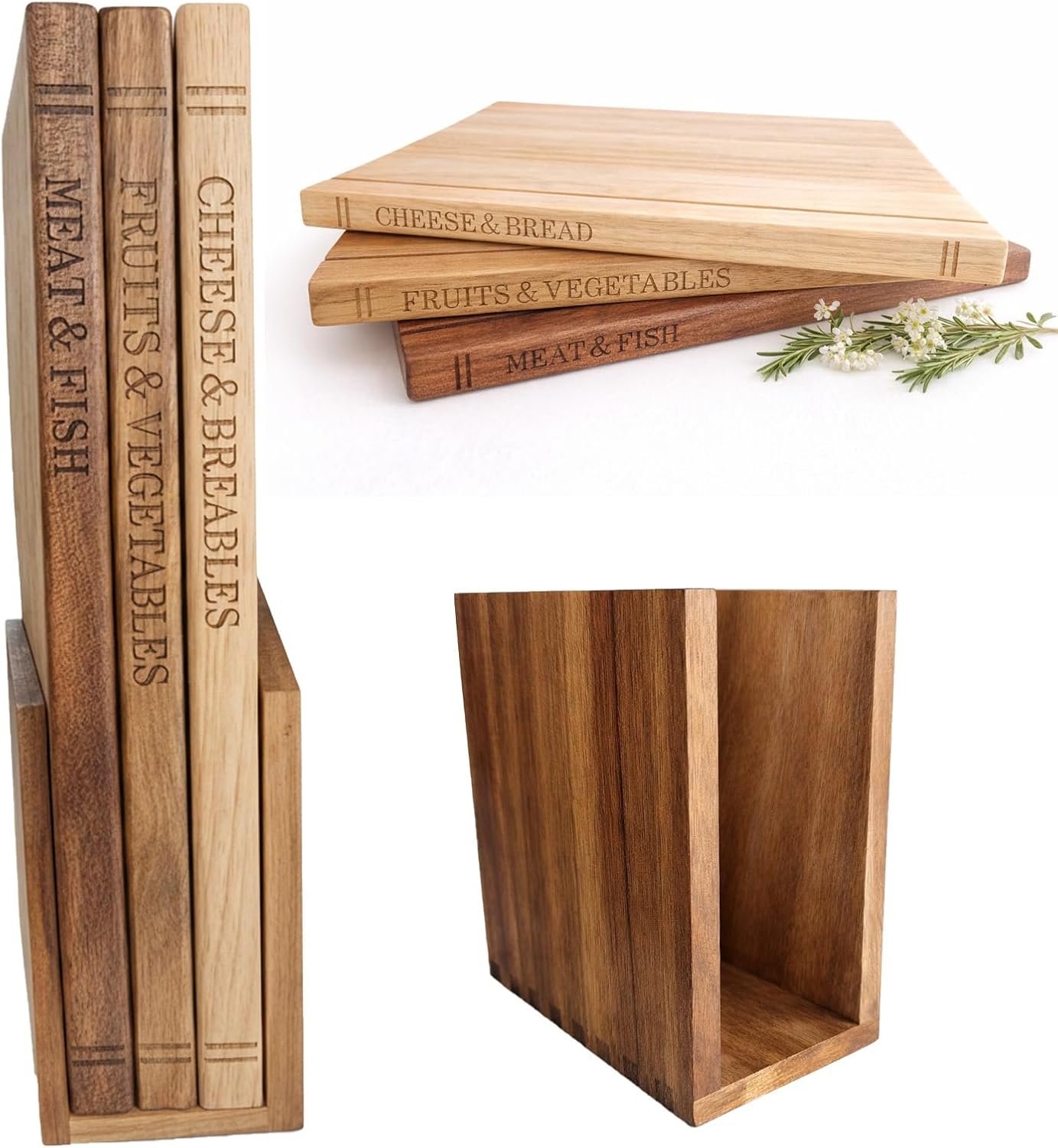 Solid Wood Cutting Boards for Meat Vegetables Cheese, Wooden Cutting Board Set of 3 for Kitchen with Juice Grooves, Book Design Non Slip Chopping Boards with Stand, Professional Kitchen Upgrade