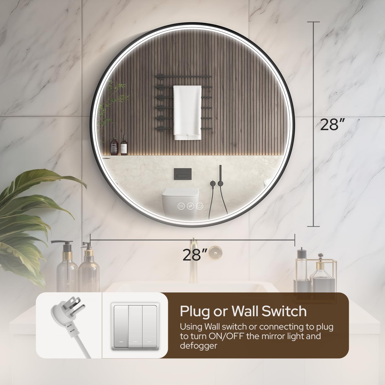 HOUSE REFLECTION 32 x 32 Round LED Bathroom Mirror – Shatterproof Tempered Glass, Anti-Fog, Wall-Mounted Vanity Mirror with Dimmable Lights, Adjustable Color Temperature, and Memory Function (Black)