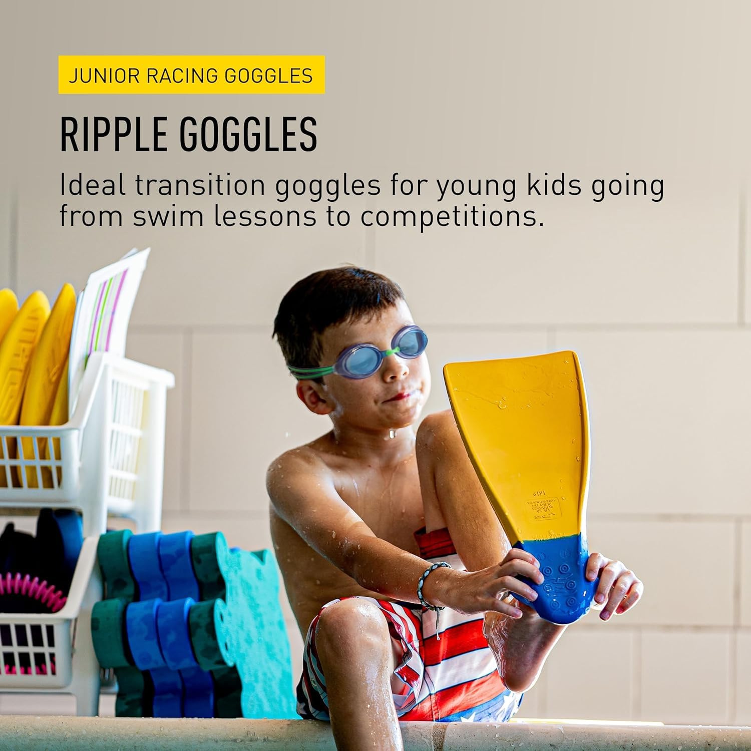 FINIS Ripple Swim Goggles for Kids - Ages 6-12 - Anti-Fog Lenses - Silicone Gaskets - Dual Strap - Blue Tint/Green