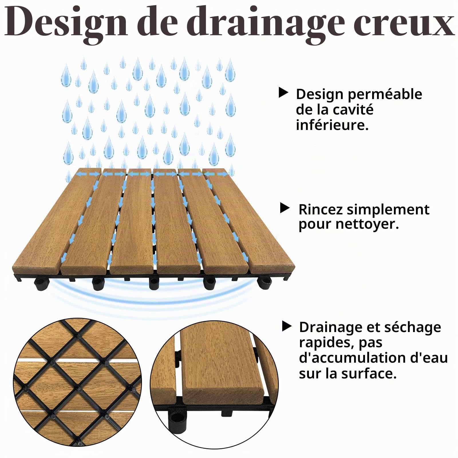 Froadp 30x30cm Carrelage en Bois d'acacia, Revêtement de sol Extérieur, Dalles Clipsable de Jardin, Caillebotis Plancher avec Plug-in Système pour Terrasse Jardin Balcon(22 pcs, Type A)