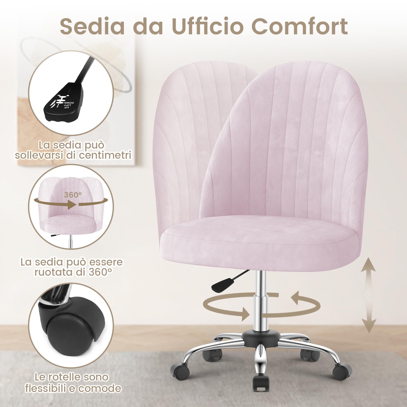 naspaluro Sedia da Ufficio Sedia Vanity, Sedia da Camera in Velluto, Sedie da Camera Senza Braccioli Con Ruote, Sedia da Ufficio per Casa, Sedie Morbida Regolabile in Altezza, Per Camere Letto,Rosa