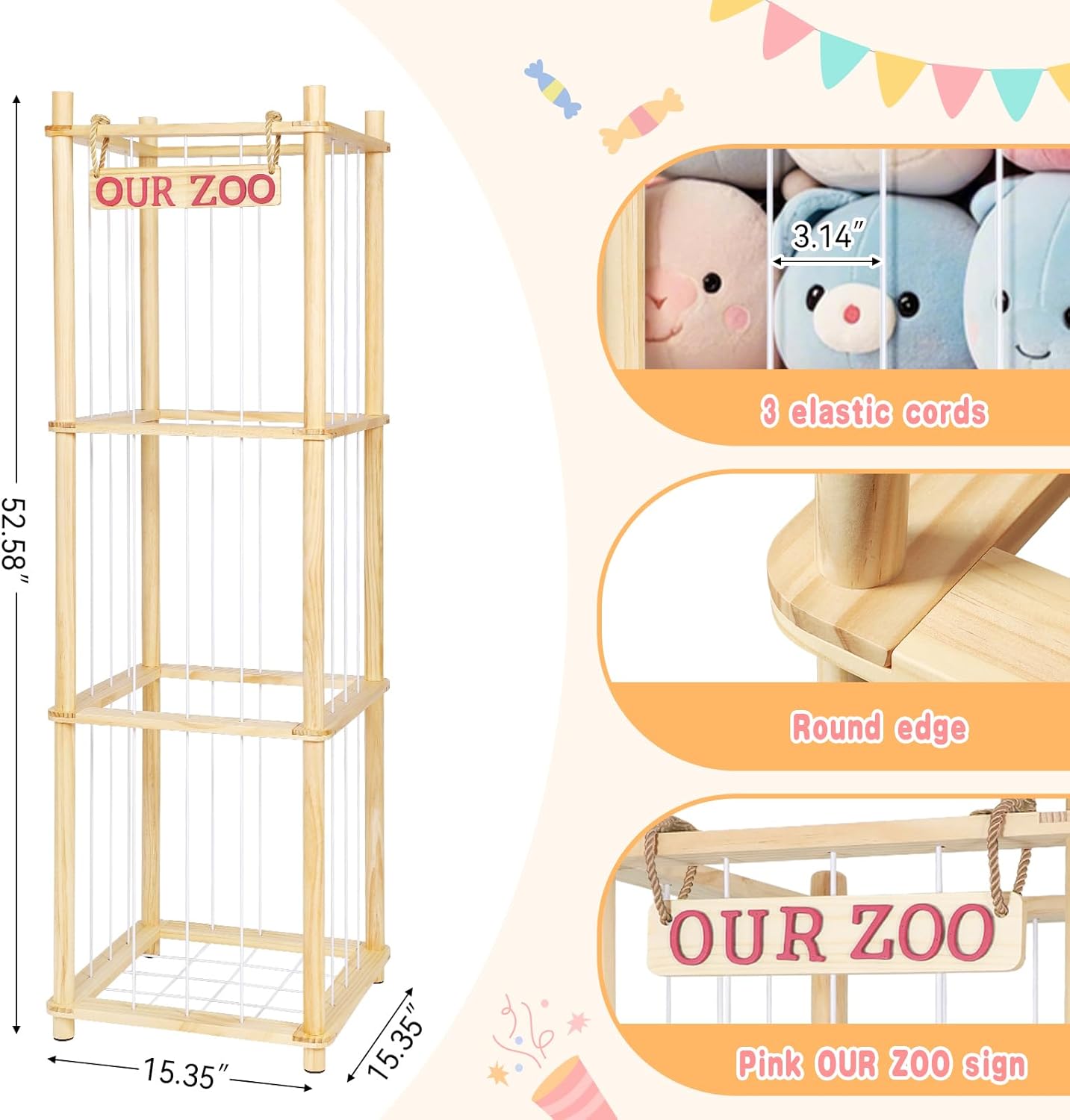 Stuffed Animal Storage - Tall Natural Pine Wood Toy Organizer with Elastic Cords & Shelf, Space-Saving Plushie Playhouse for Nursery, Playroom, Kids Bedroom - Easy Assembly - Image 3