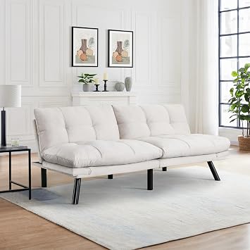 Convertible Velvet Futon Sofa Bed, Comfy 72" L Sleeper Couch with Thicker Cushion, Upholstered Modern Reclining Loveseat Folding Sofa for Small Living Room, Dorm, Apartment, Office, Cream White