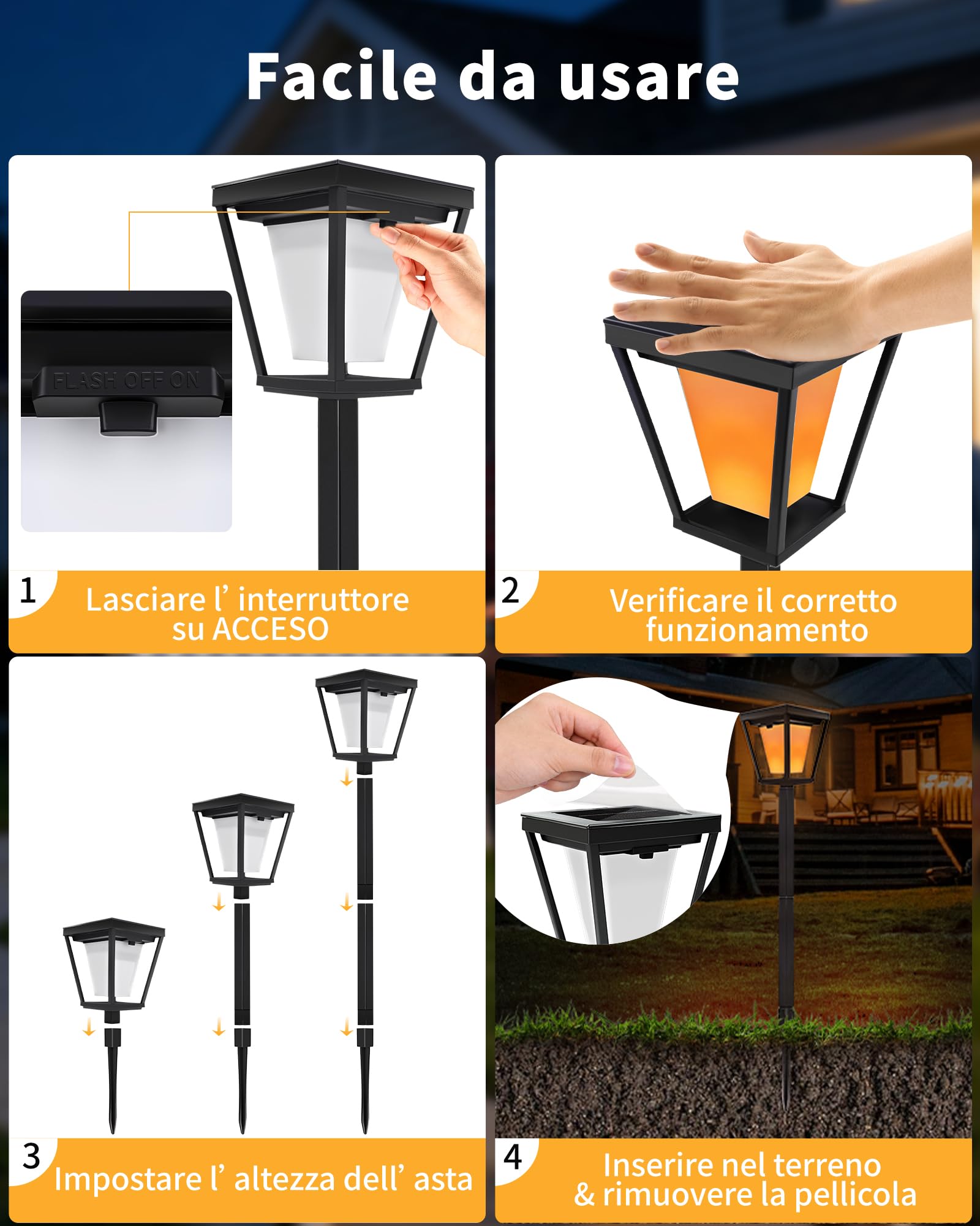 Confezione da 6 lampade solari per esterni con effetto fiamma tremolante, impermeabilità IP65, picchetto per vialetto da giardino, terrazza, accensione e spegnimento automatico