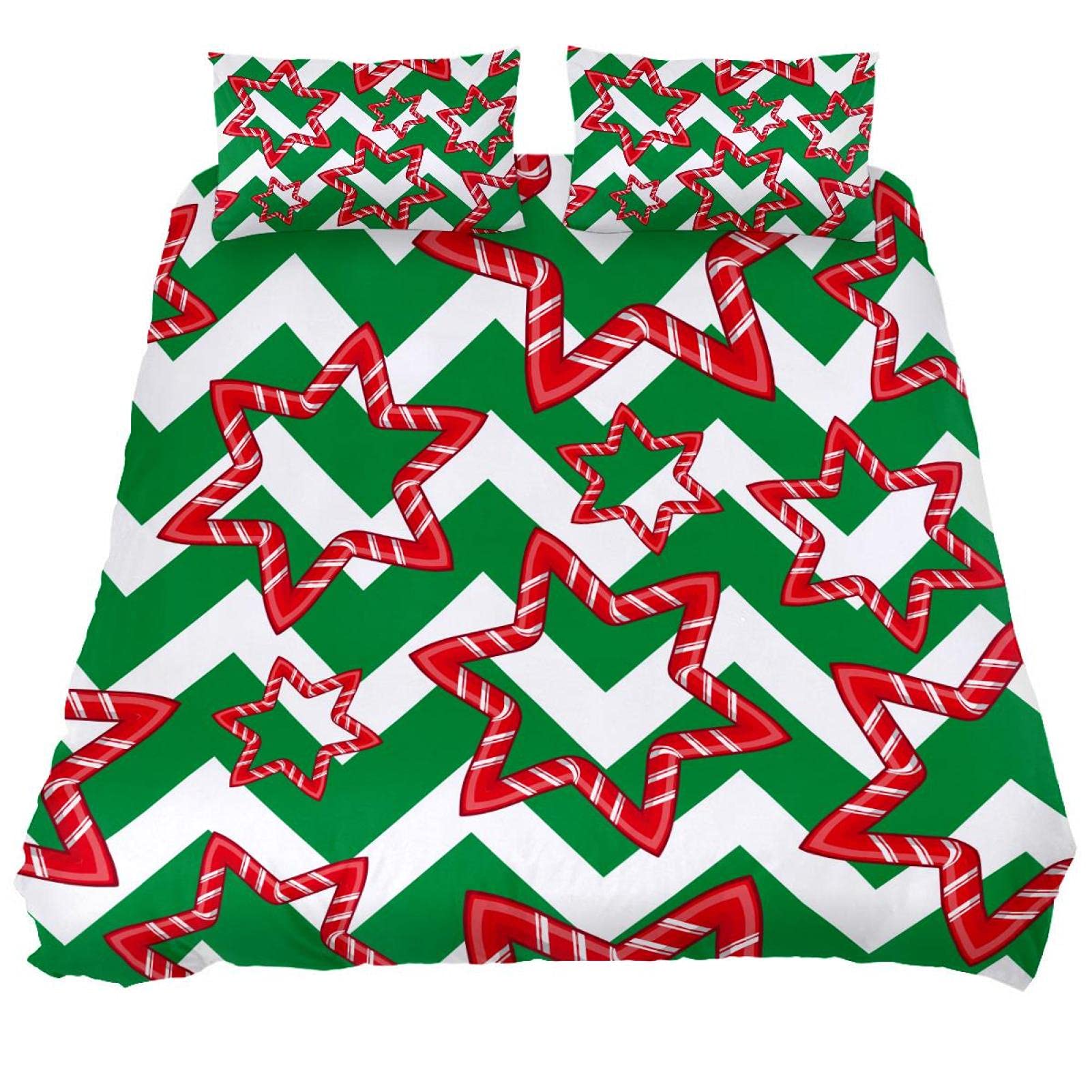 Candy Christmas Star Green Whute zygzakag 3 szt. zestawy poszewek na kołdrę, oddychający zestaw pościeli Tencel z 2 poszewkami na poduszki, niegniotące się zestawy pościeli dla dzieci nastolatki