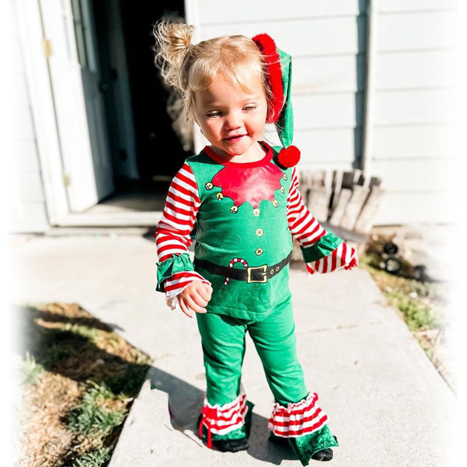 HINTINA 3T Toddler Little Girl Christmas Outfits Elf Bell Bottom Flare Pants Clothes Set Xmas Clothing 3-4T