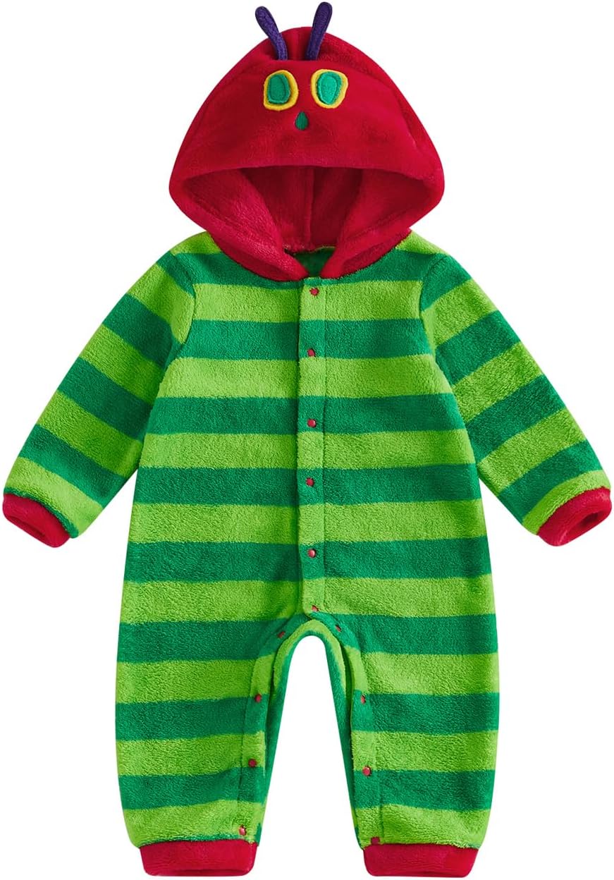 Toddler Baby Halloween Caterpillar Costume Fleece Hooded Romper | Infant Baby Boys Girls Halloween Hungry Caterpillar Striped Fleece Hoodie Jumpsuit