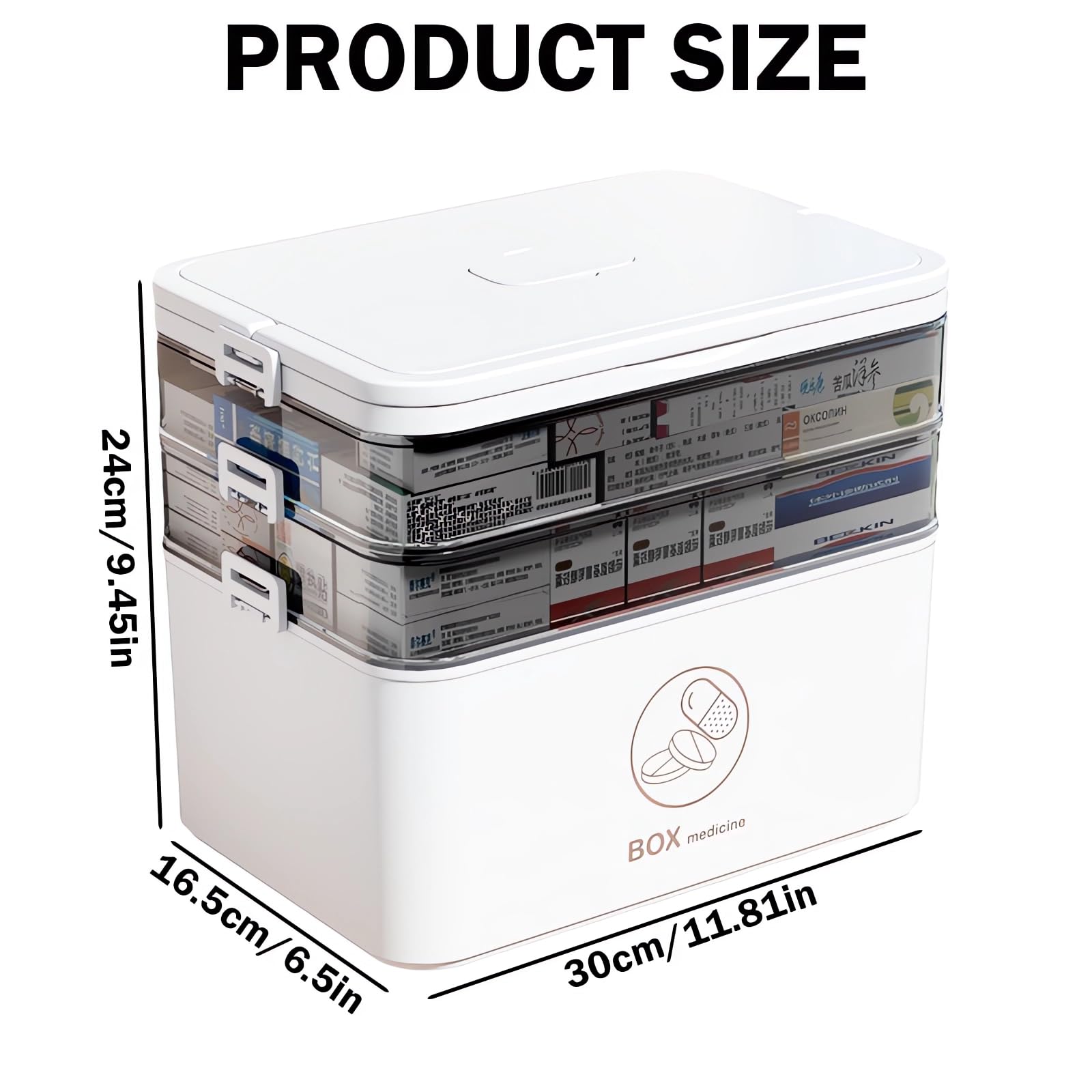 Grande scatola portaoggetti per medicinali, con coperchio, organizer medico per uso domestico, contenitore portatile di pronto soccorso per casa, ufficio, viaggi, auto, scuola (bianco, 3