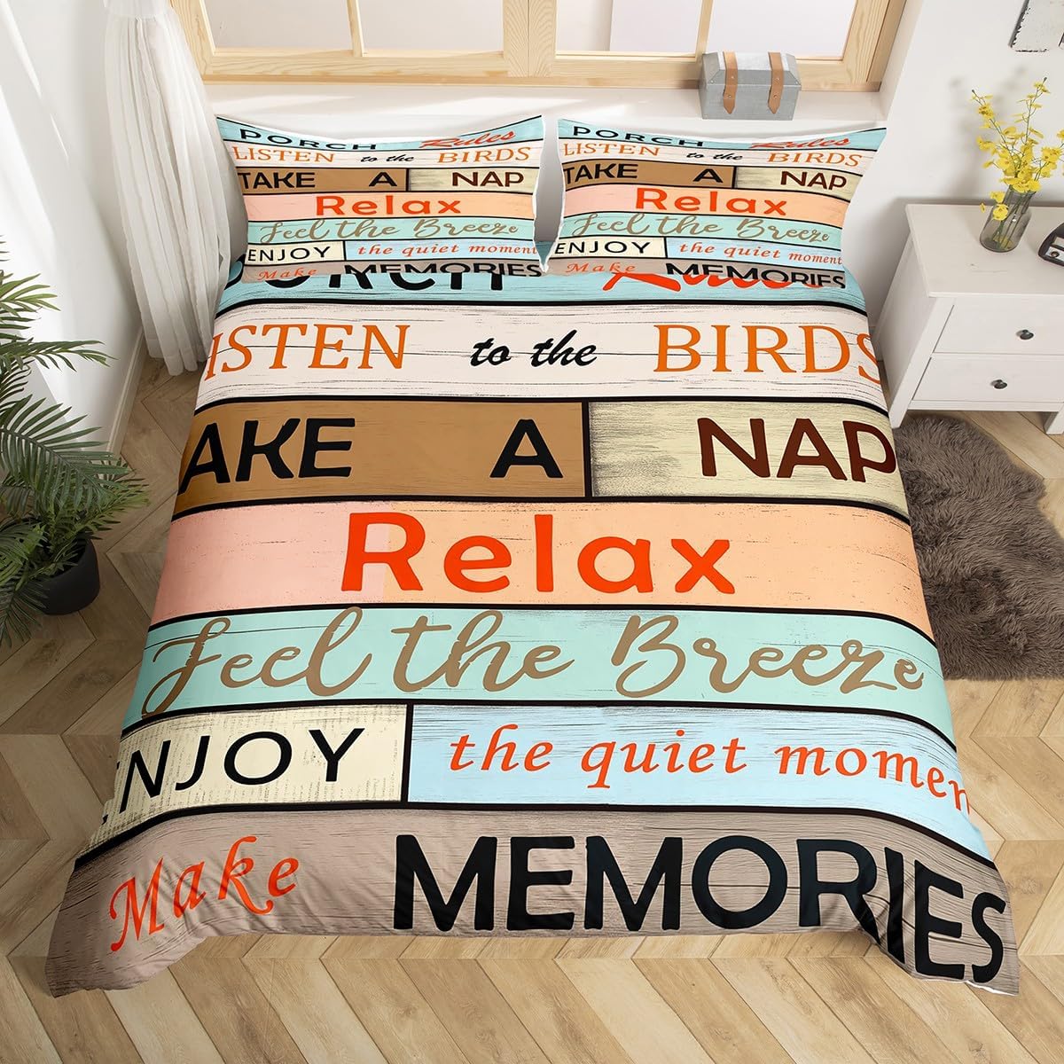 Porch Rules Duvet Cover Rustic Porch Rules Bedding Set Farmhouse Wooden Stripes Comforter Cover Vintage Country Wooden Plank Bed Set Retro Lodge Cabin Full Size with 2 Pillow Case (No Comforter)