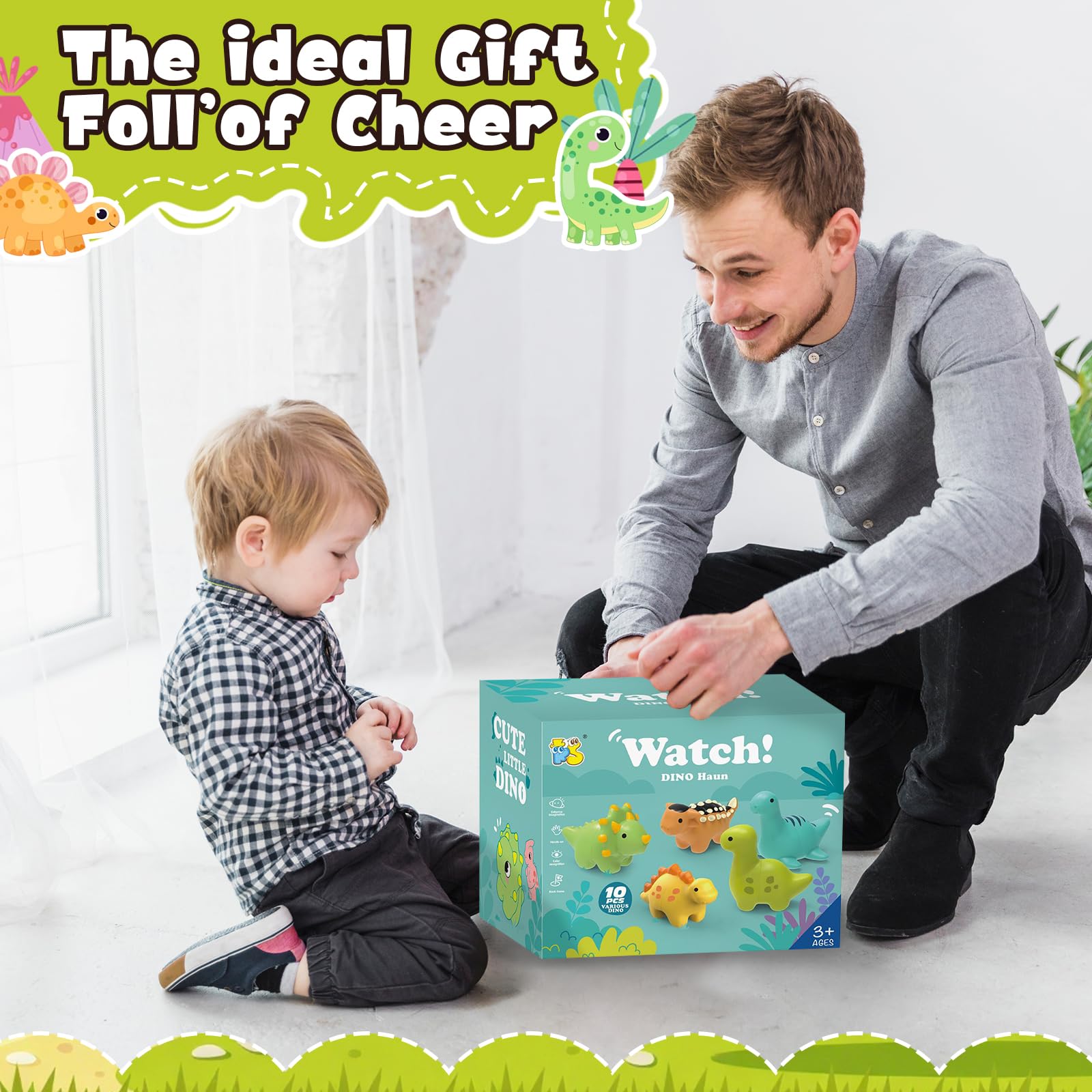 JOYBOY Montessori zabawka edukacyjna z 10 dinozaurami, różne kolory i układanie w stos dla dzieci od 1,2,3 roku, zabawka motoryczna do wspierania motoryki precyzyjnej, chłopców i dziewczynek