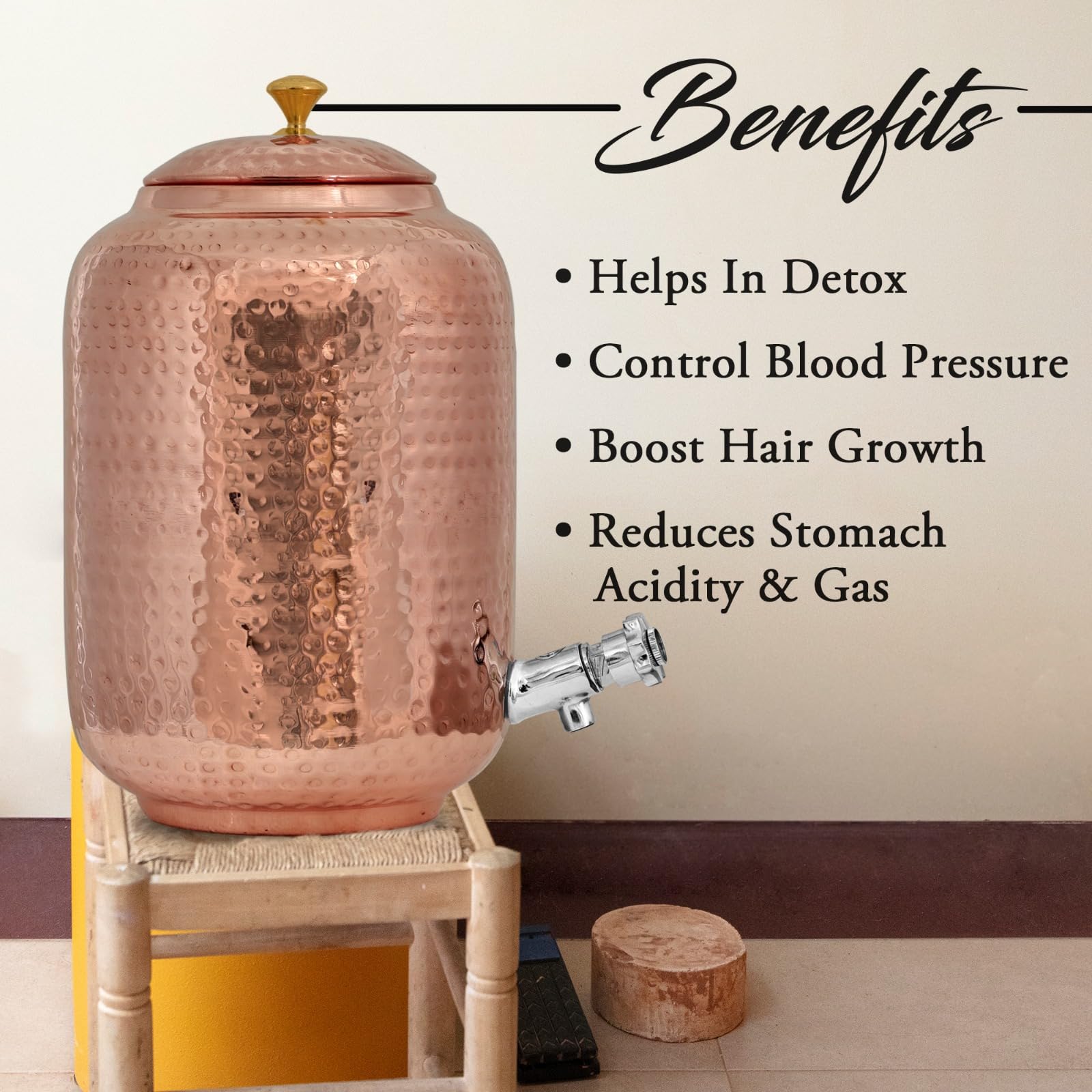 Copper Water Dispenser 8L / 2.11 Gallon and 2 Glass with Water Bottle Set, Hand Hammered, Ayurvedic Hydration Drinking