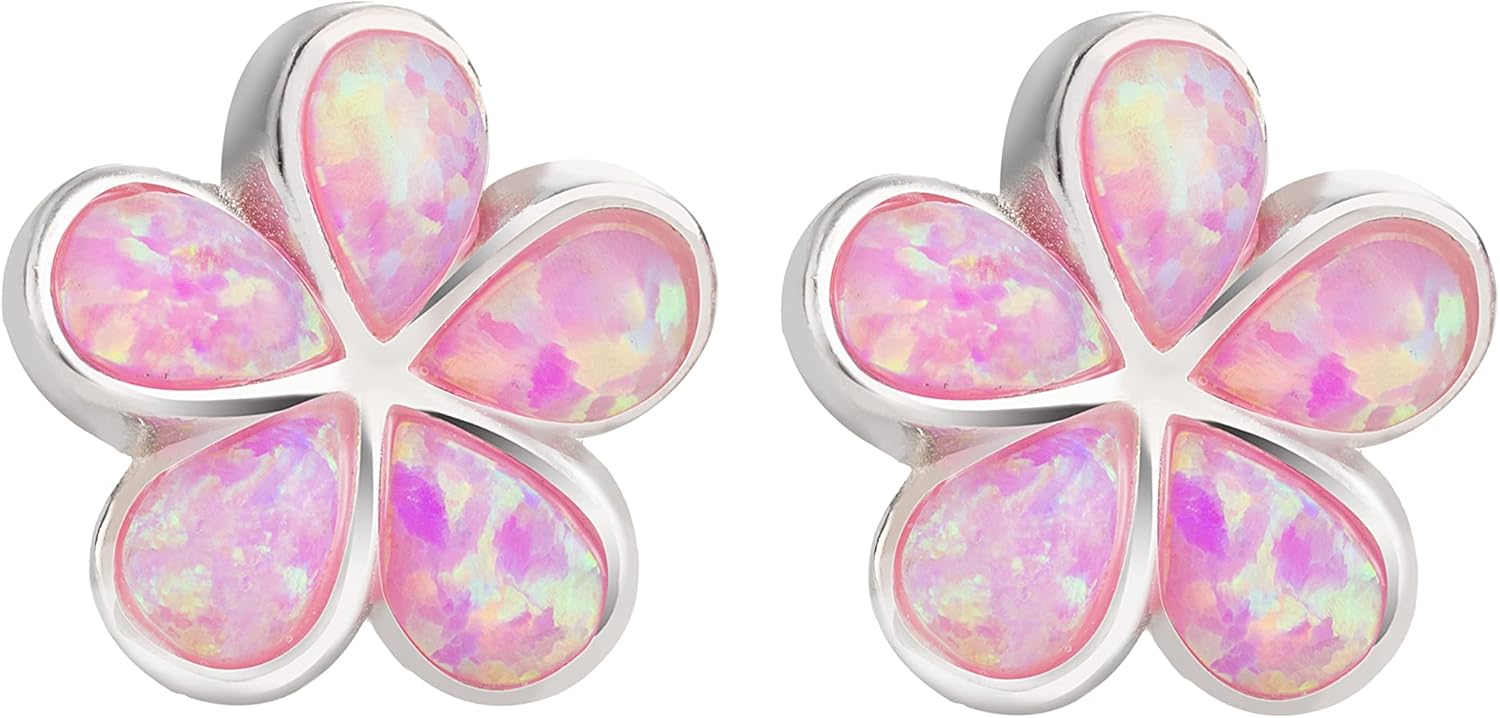925 Sterling Silver Created Opal Hawaiian Plumeria Flower Stud Earrings, Nickel Free Hypoallergenic for Sensitive Skin, Rhodium Finished, Gift Box Included