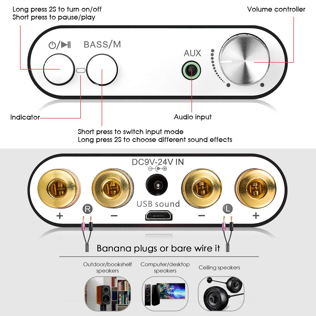 Mini amplificateur numérique Nobsound NS-10G - Bluetooth 5.0 - 100 W - Avec bloc d'alimentation - Noir