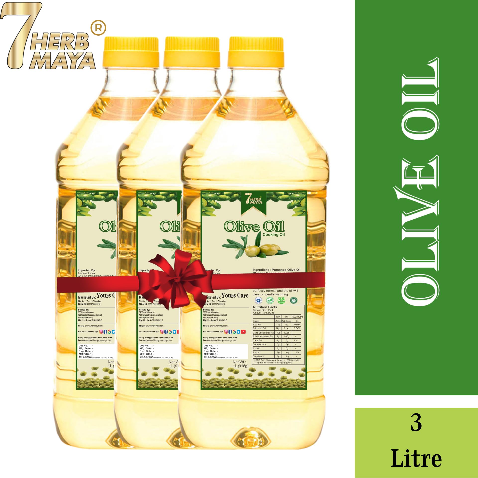 7Herbmaya Extra Light Olive Oil, Jaitun tail, jaitun oil (Combo Pack Of 3) |3Ltr|