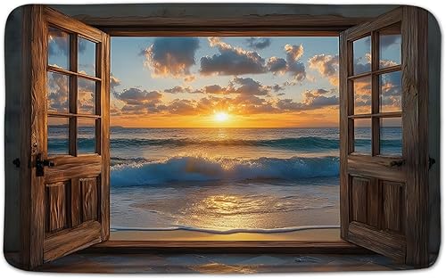 Miniatura 3 de Alfombra de baño con puerta de madera marrón con diseño de océano, playa, paisaje hawaiano, olas de mar, estilo retro, granero, tablón de madera,