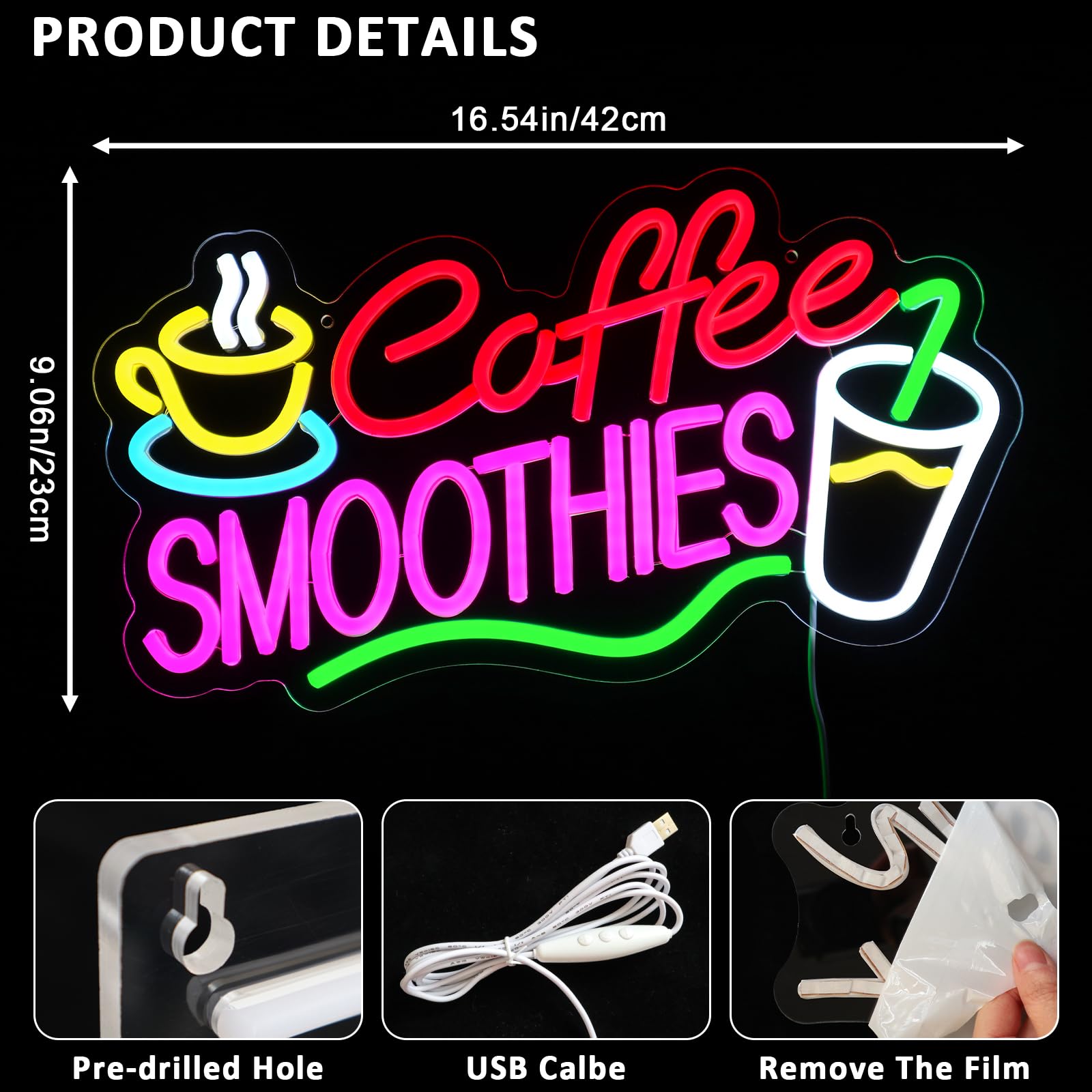 Letrero de neón para decoración de pared, letreros LED de batidos para negocios, luces de neón regulables por USB, 16.5 x 9 pulgadas, para bar, tienda de bebidas, cocina, hogar, pub, tienda de