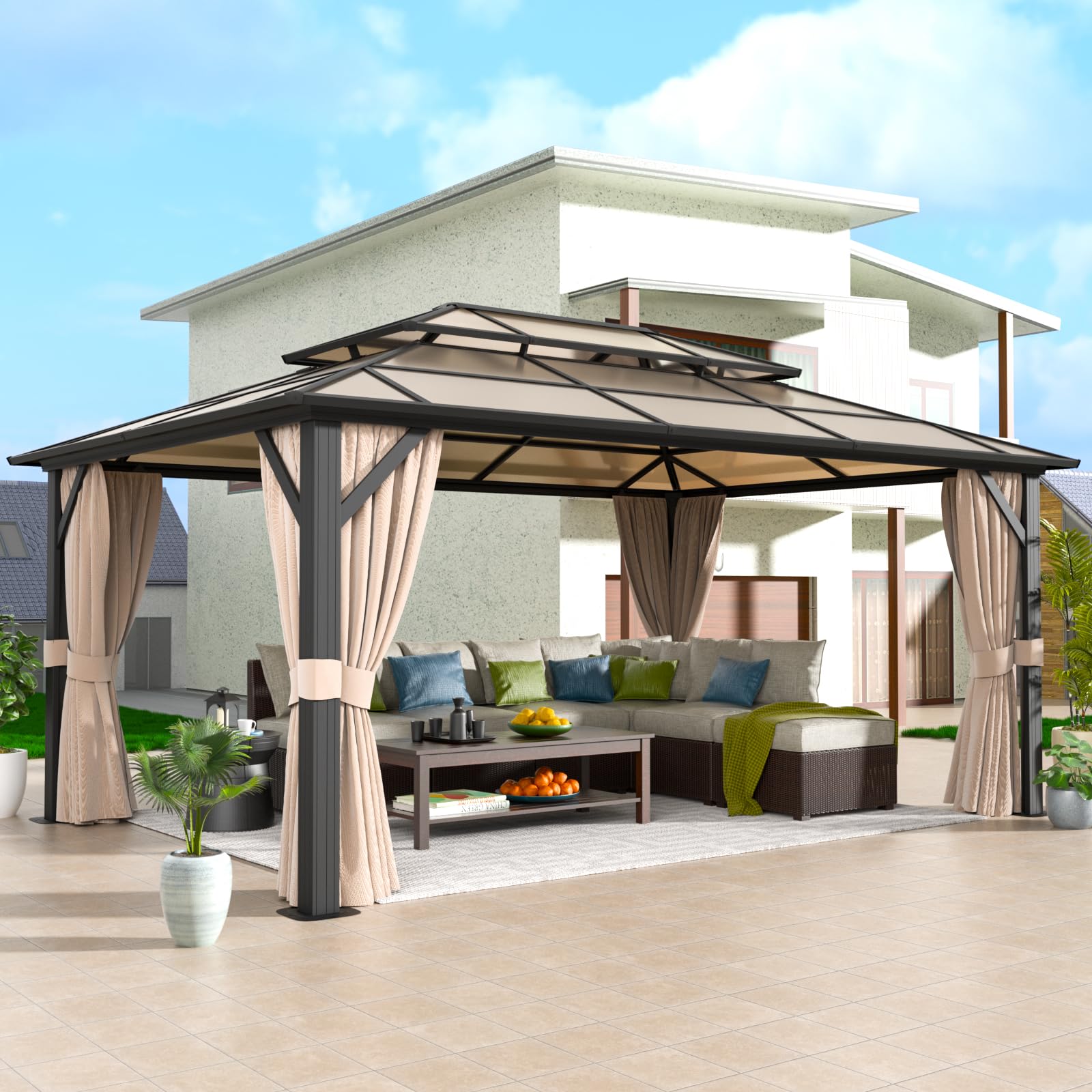 (similar to stock photo missing parts and hardware) gazebo, aluminum frame permanent pavilion with curtains and netting, outdoor polycarbonate double roof canopy, designed for garden, lawns, patio
