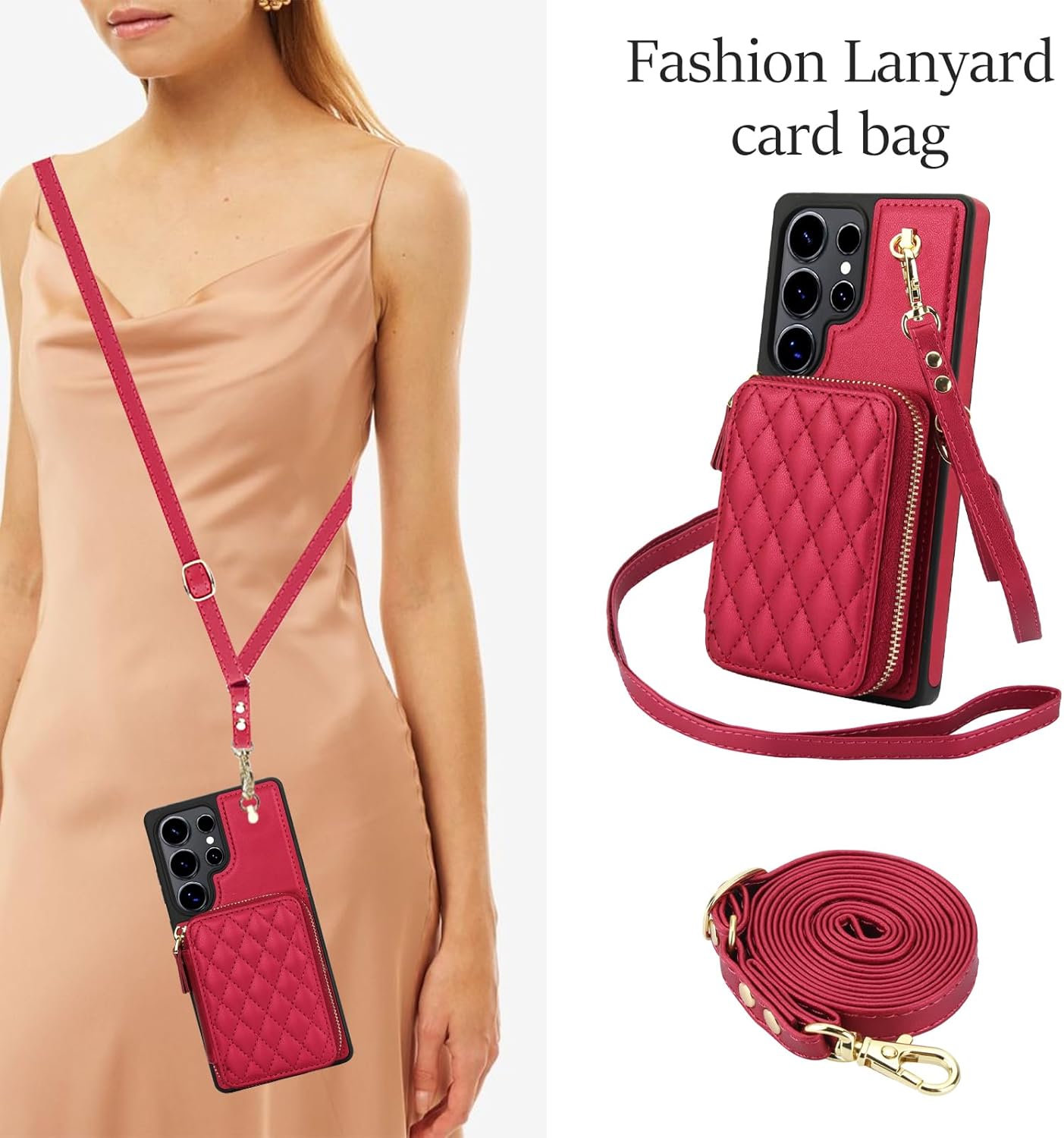 Phone Case for Samsung Galaxy S23 Ultra 5G Wallet Cell Cover with Tempered Glass Screen Protector Wrist Crossbody Strap RFID Blocking Card Holder TPU S23Ultra 23S S 23 23Ultra 6.8 inch Women Girls Red
