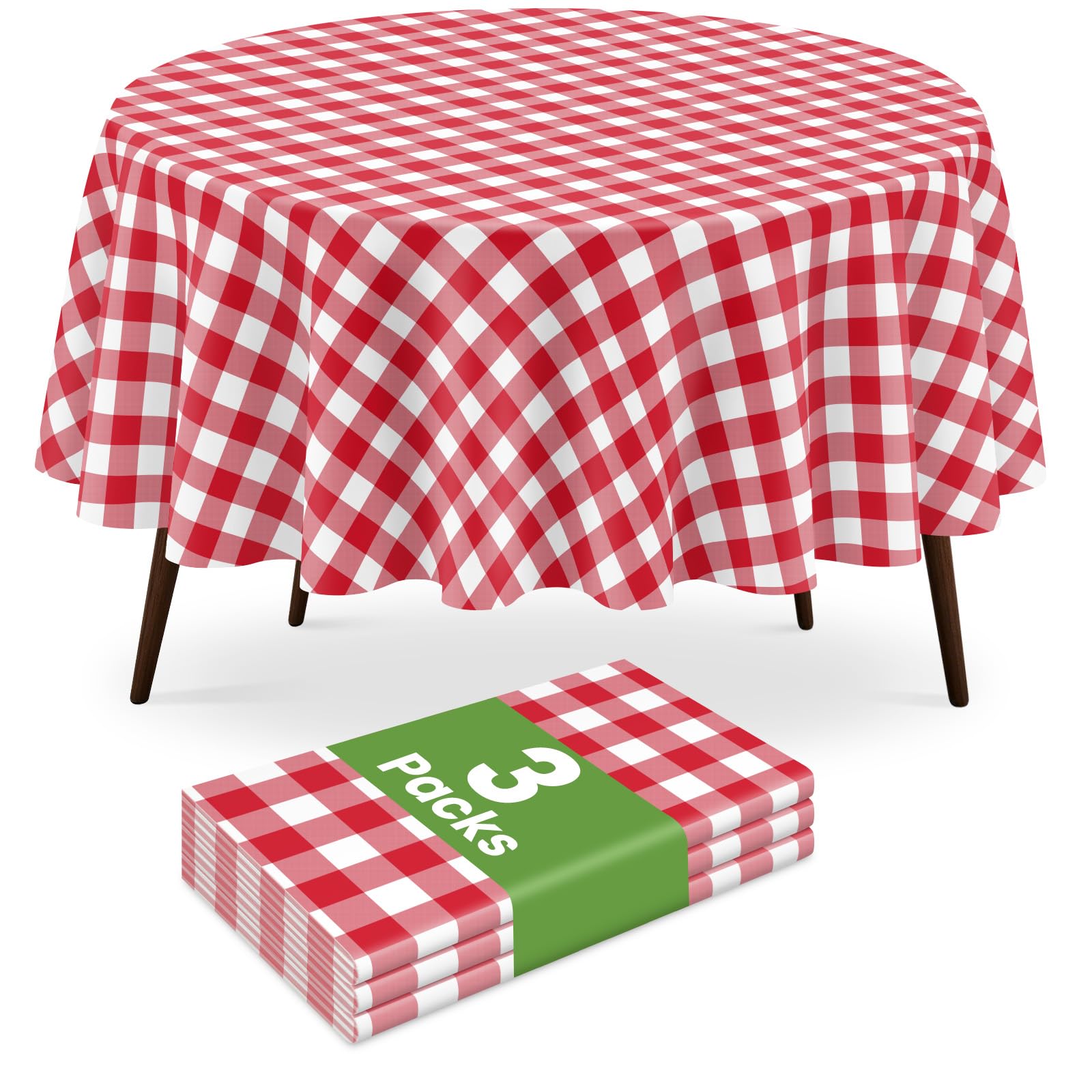 Photo 1 of 3 Pack Red and White Checkered Tablecloth, Round Christmas New Years Gingham Plastic Table Cloths for Parties Disposable, 84x84 in Waterproof Camping Tablecloth for Birthday Party Baby Shower Picnic