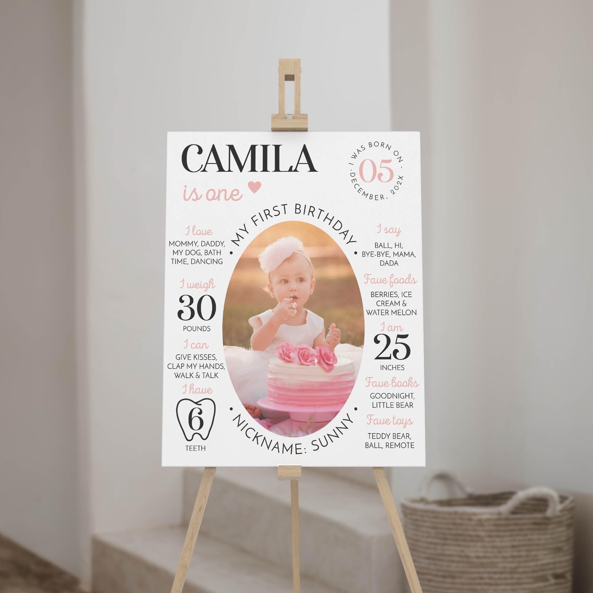Generic Personalized First Birthday Milestone Sign, Modern Photo 1St Birthday Milestone Poster, One Year Baby Milestone Board CV128_HAQCVPM3086, Design 011
