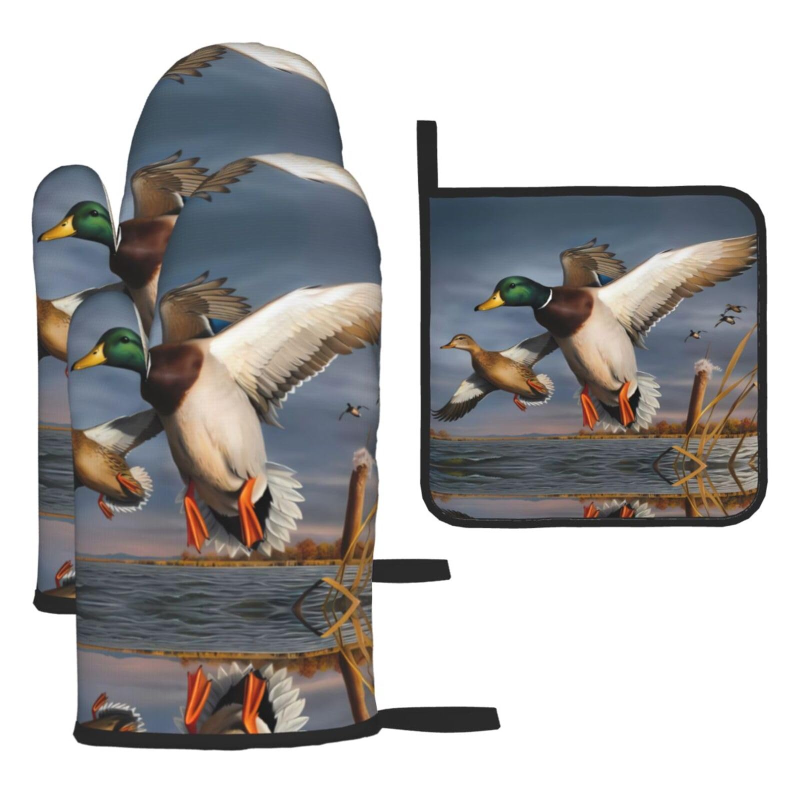 mallard duck 3 Piece Kitchen Oven Mitt Set Heat Resistant Gloves with Pot Holder Mat Polyester Printed for Cooking Baking BBQ Grill