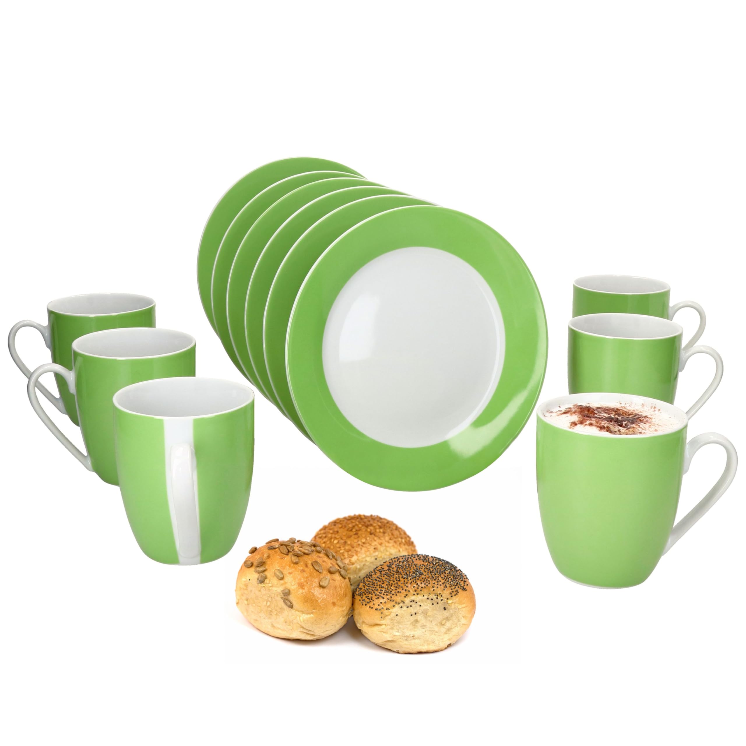 MamboCat Variant Service de petit-déjeuner 12 pièces Vert I 6 petites assiettes et 6 tasses à café de 350 ml, hauteur 10,3 cm pour 6 personnes I Tasse, assiettes à gâteau I Vaisselle en porcelaine