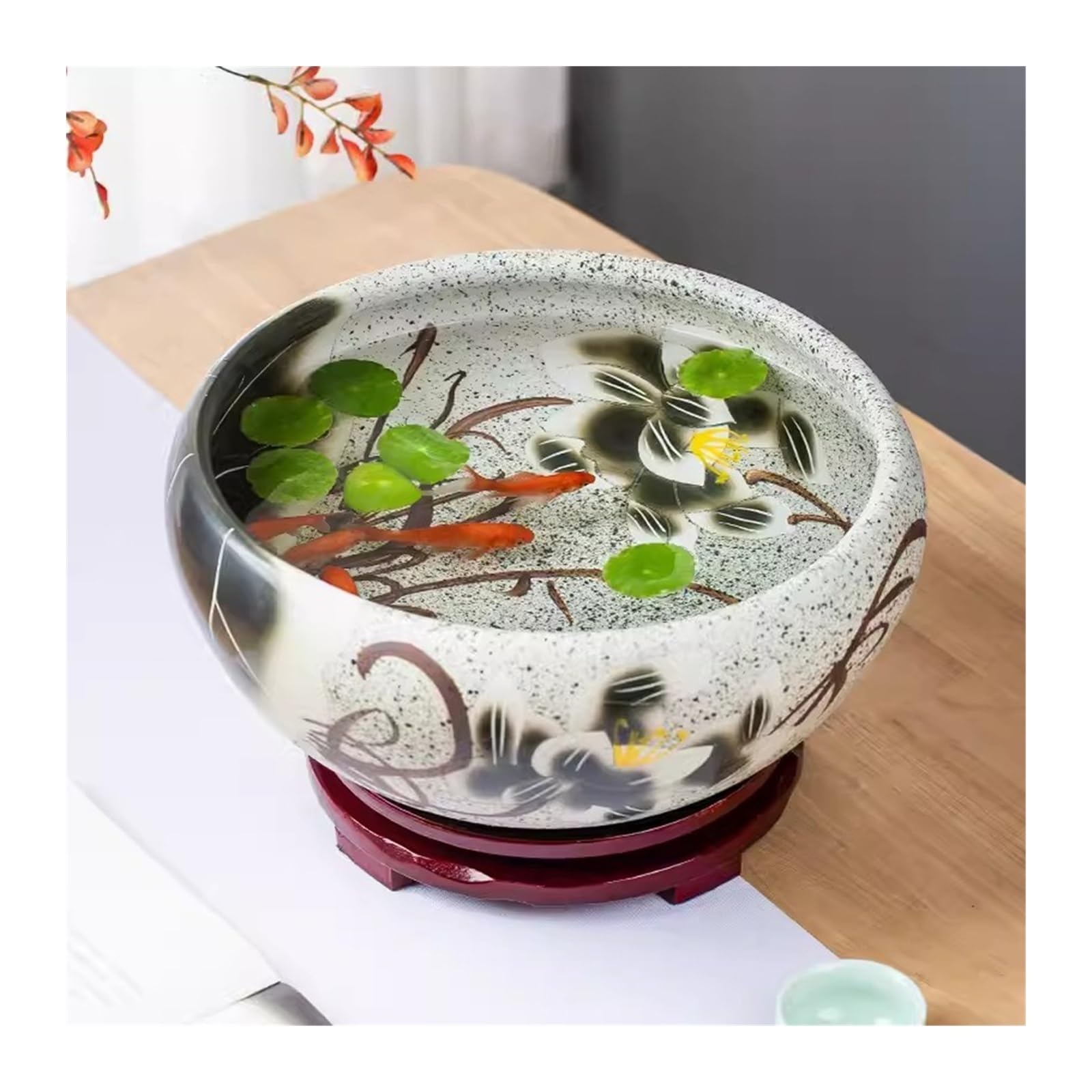 pecera decoración de escritorio, pecera de cerámica pintada a mano, lirio de agua, maceta de loto, jardín, jardín, pecera de cristal (32 cm)