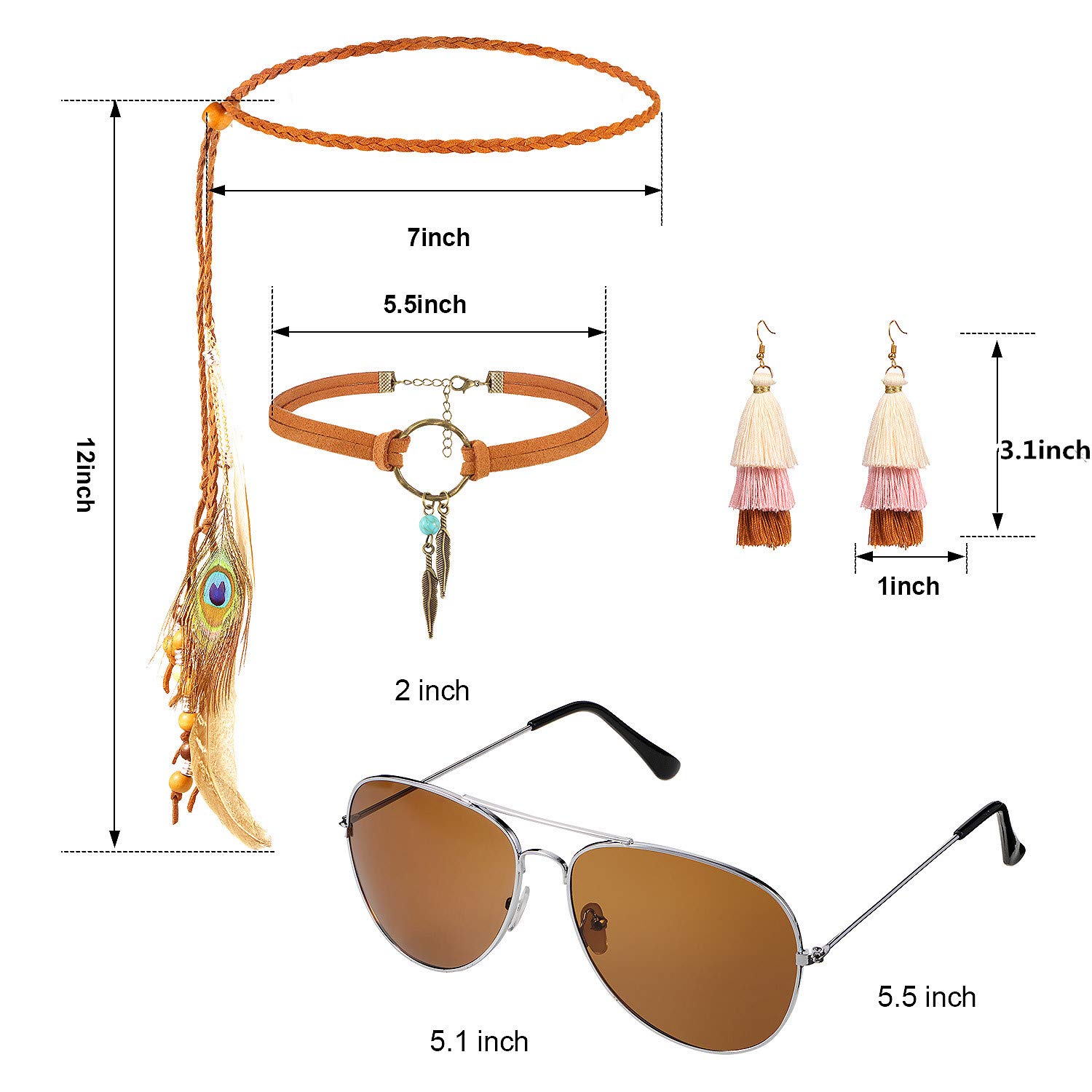 Hippie Bohemia Costume Set for Women Kit Includes Sunglasses, Unicorn Suede Choker Necklace and Tassel Earring, Bohemia Feather Headband for 60s 70s Party Accessories : Clothing, Shoes & Jewelry