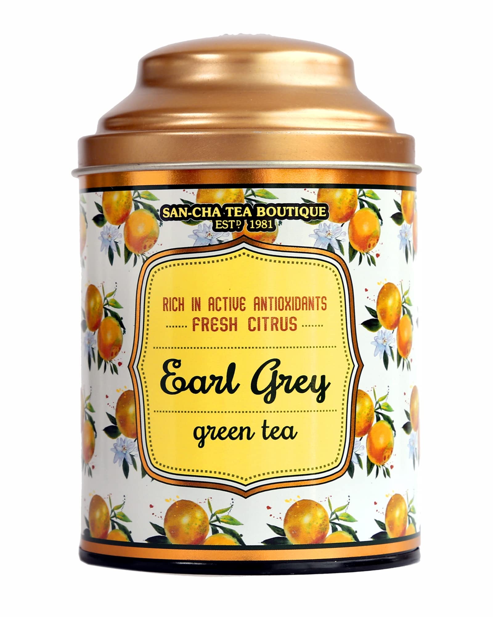 Sancha Tea Boutique, Earl Grey Green Tea, 100g Loose Leaves | Rainforest Alliance Certified | Refreshing Citrus Bergamot & Indian Green Tea Blend | Double Lid Tin Caddy