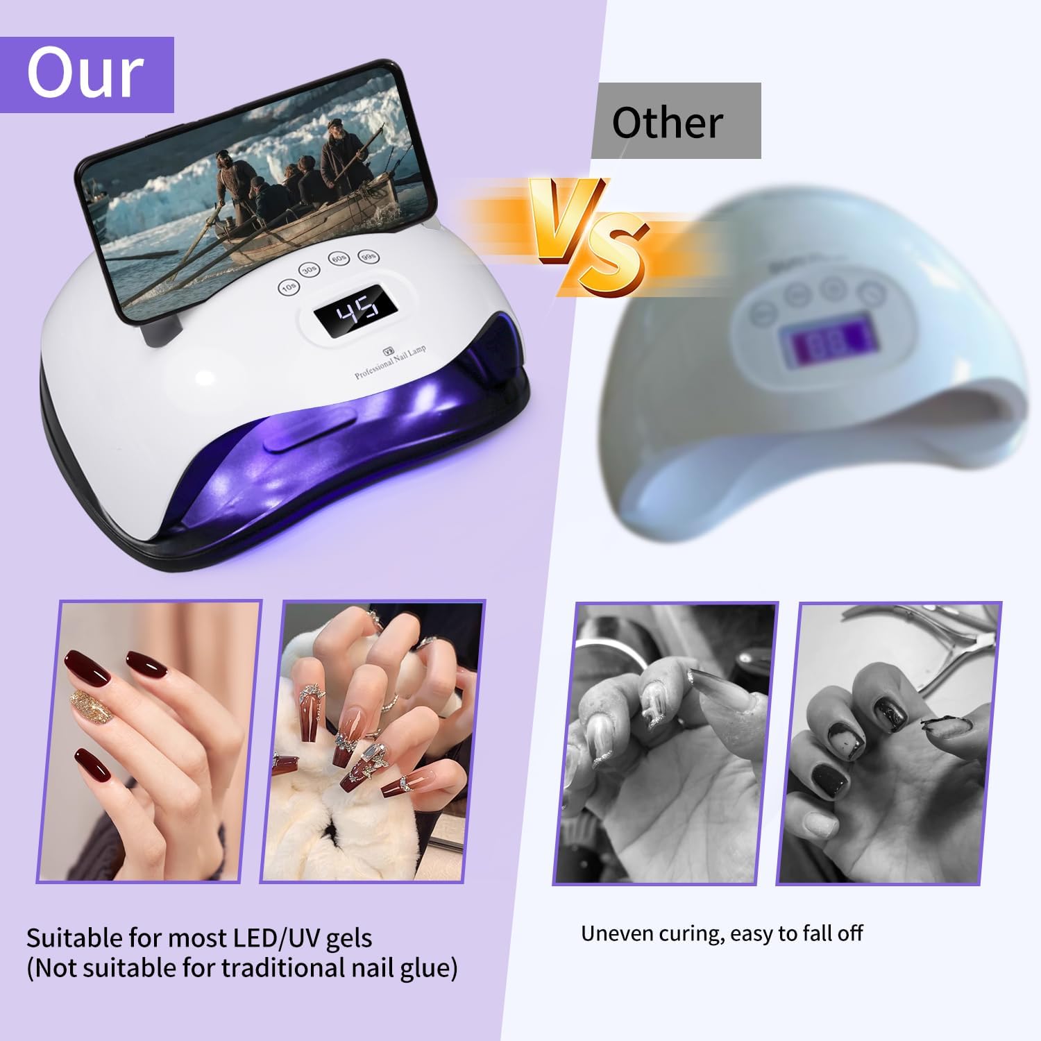 168W Professional UV Light Nail Lamp with Phone Holder, Portable Design with Ergonomic Handle for Curing Gel Nail Polish