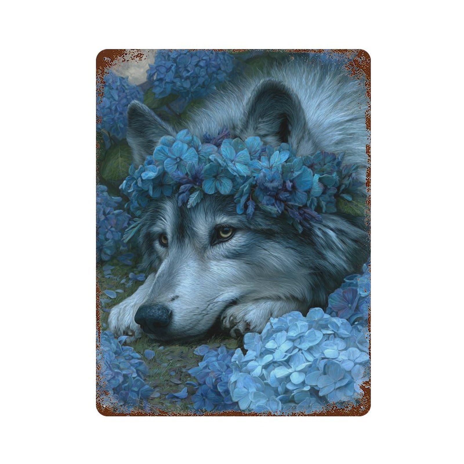 Garage Style Wolf in Blue Hydrangeas Distressed Metal Wall Sign 15.7"x11.8", Rustic Home Decor for Bar And Workshop