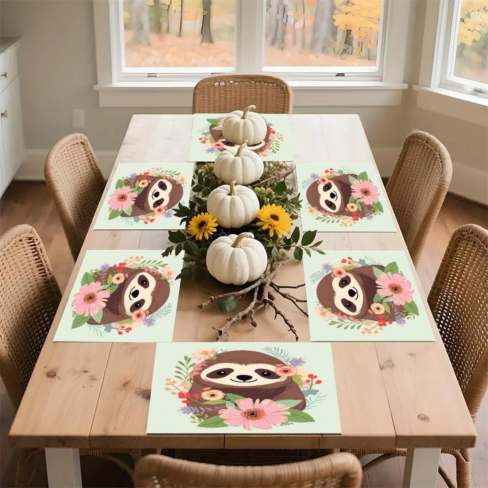 Sloth and Flowers Placemats Non-Slip Heat Resistant Table Mats Flax Washable Cloth Place Mats Easy to Clean Premium Placemat for Kitchen Dining Table Decor Party Outdoor