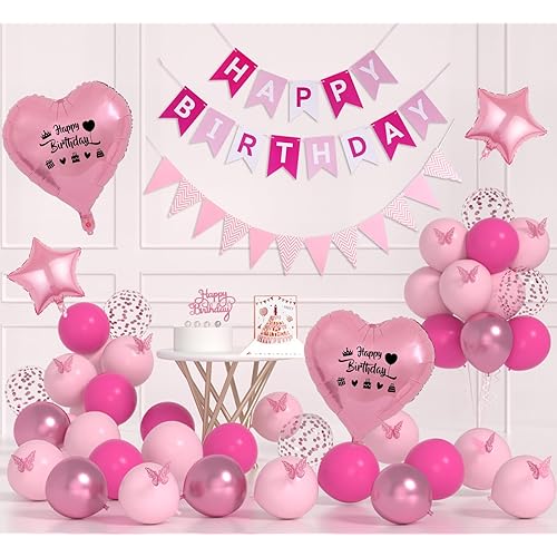 Pink Birthday Decorations-Happy Birthday Banner, Triangle Flag, Pink Balloons, Love Star Foil Balloons, Butterfly Stickers, Birth-day Card and Cake Topper For Decor