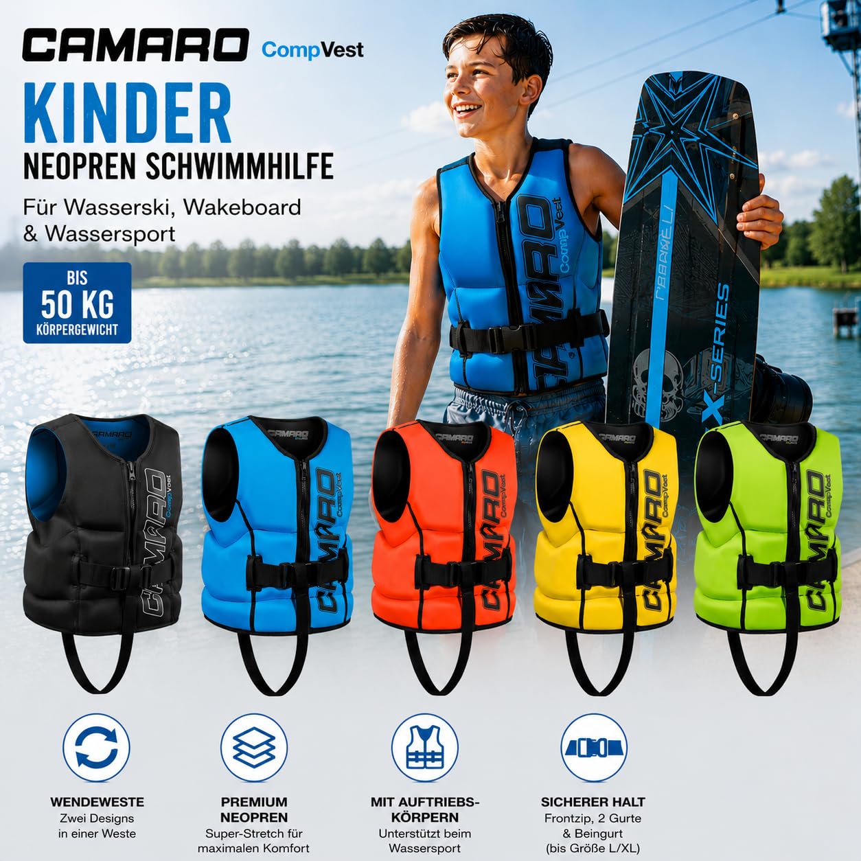 Camaro Comp Kinder Neopren Wende Neopren Prallschutz Auftriebs bis 14 Jahre schwarz/grün