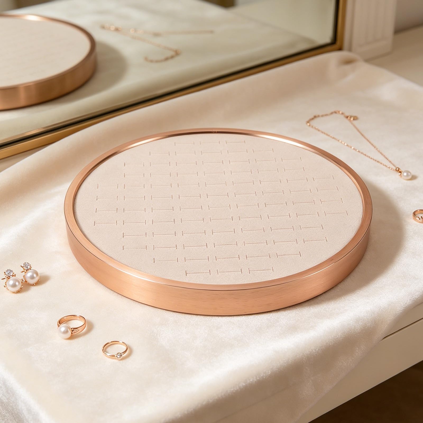 Bandeja redonda para joyas: organizador de pendientes con 68 ranuras, bandeja para exhibir collares de 29,6 cm (11,65'') - Plato decorativo para guardar anillos, collares, llaves y