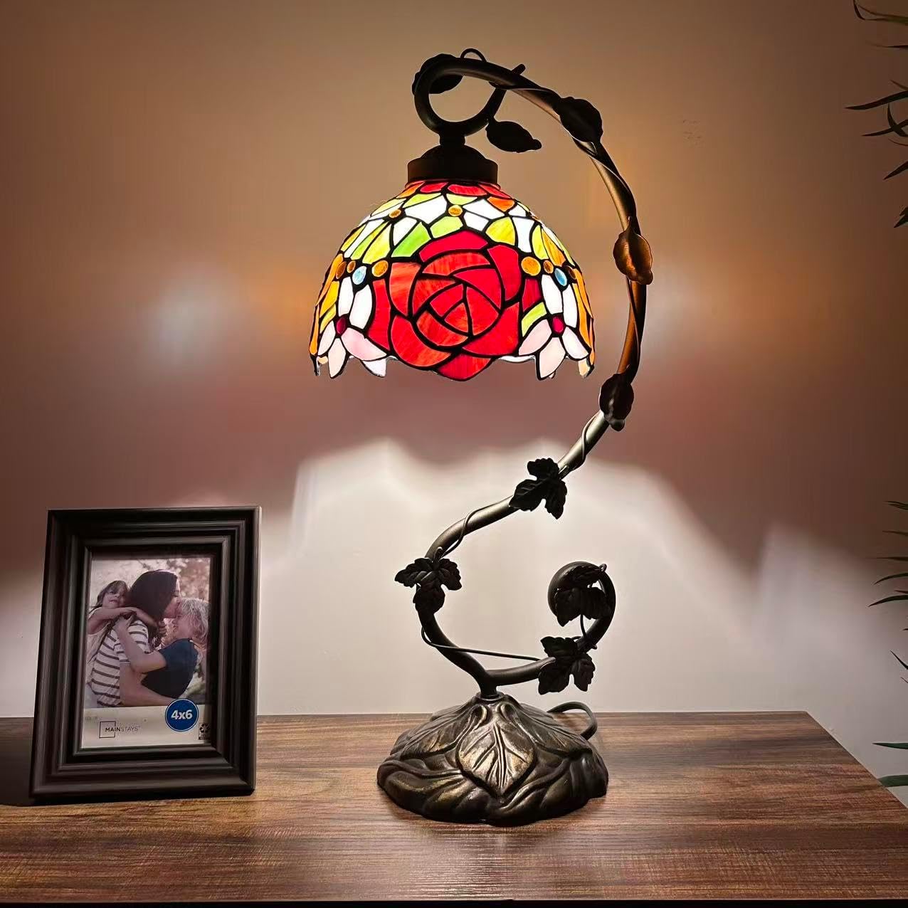 Tiffany Table Lamp Rose Flowers Red Orange Stained Glass Iron Metal Leaves Bronze Base Included LED Bulbs for Living Room Dining Room Bedroom Bedside H21