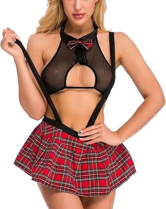 Womens School Girl Outfit Lingerie Roleplay Tie and Skirt Halloween Costume