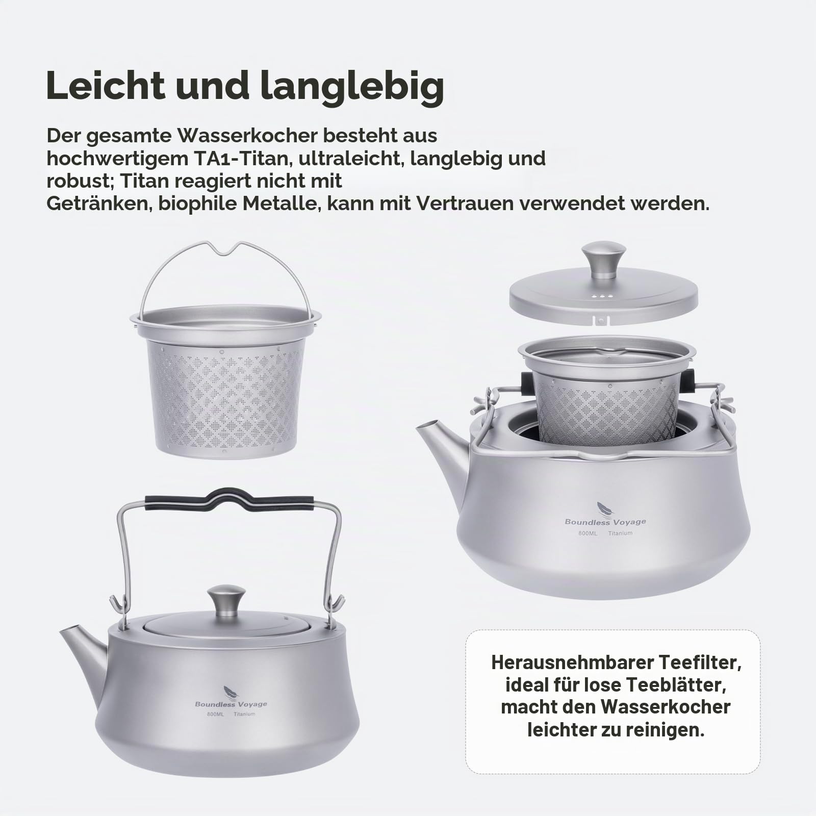 iBasingo 800ml Wasserkessel Camping Titan Teekessel mit Infusor für Losen Tee Kaffee Teekanne für Gaskocher mit Filter & Klappgriff Outdoor Ultraleicht Tragbare Metall Wasserkocher Ti3093D