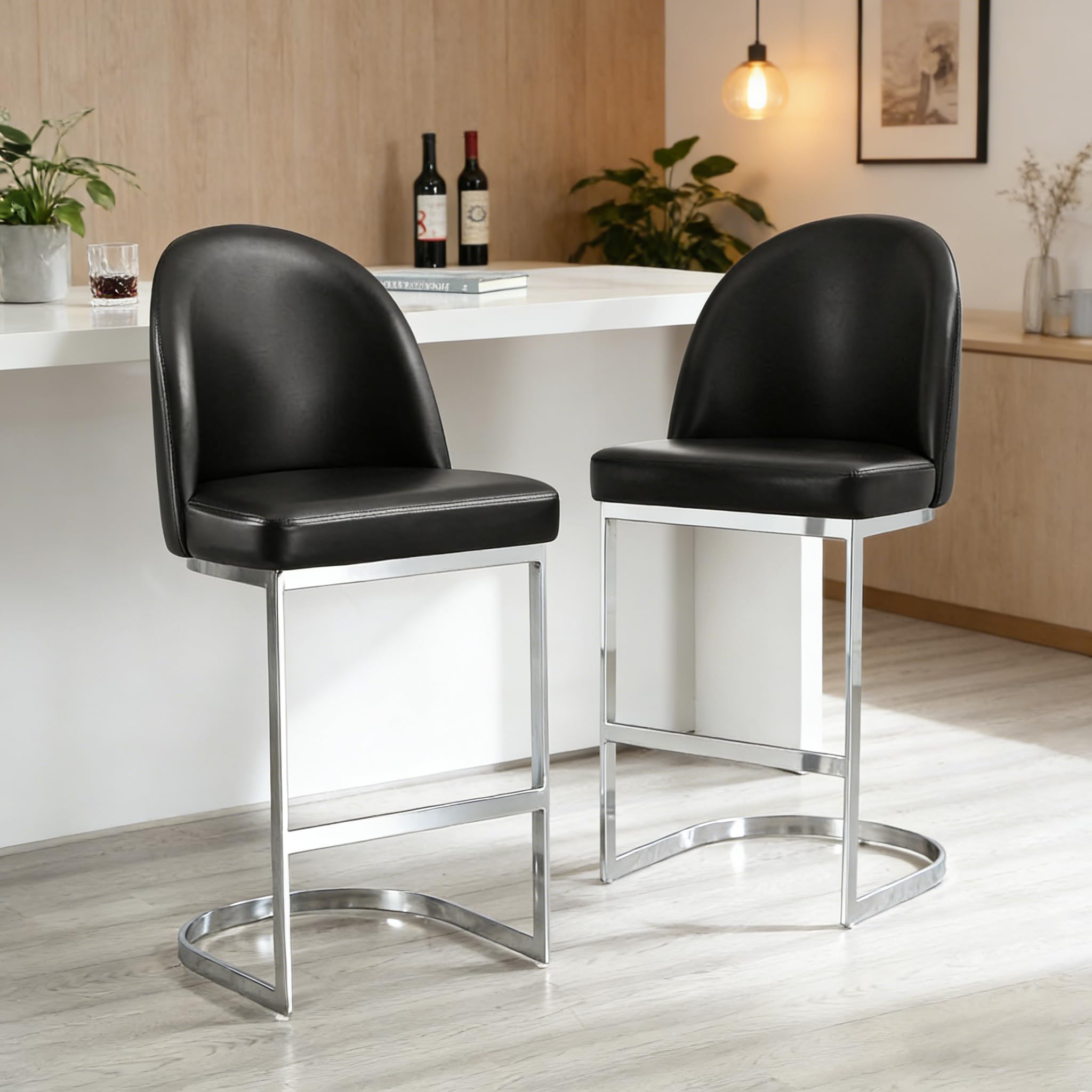 Bekrvio Barhocker 2er Set mit Lehne, 65 cm Sitzhöhe, Gepolstert 8 cm, Freischwinger Barstuhl Kunstleder, 150 kg belastbar, Tresenhocker für Kücheninsel Modern Schwarz