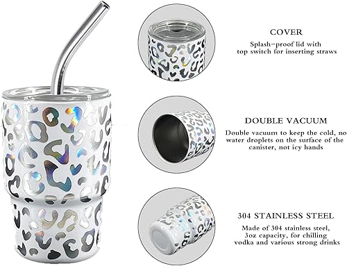 Miniatura 4 de Juego de 10 mini vasos de 3 onzas con popote y tapas, acero inoxidable, doble pared aislada, estampado de leopardo, regalos para hombres o amantes