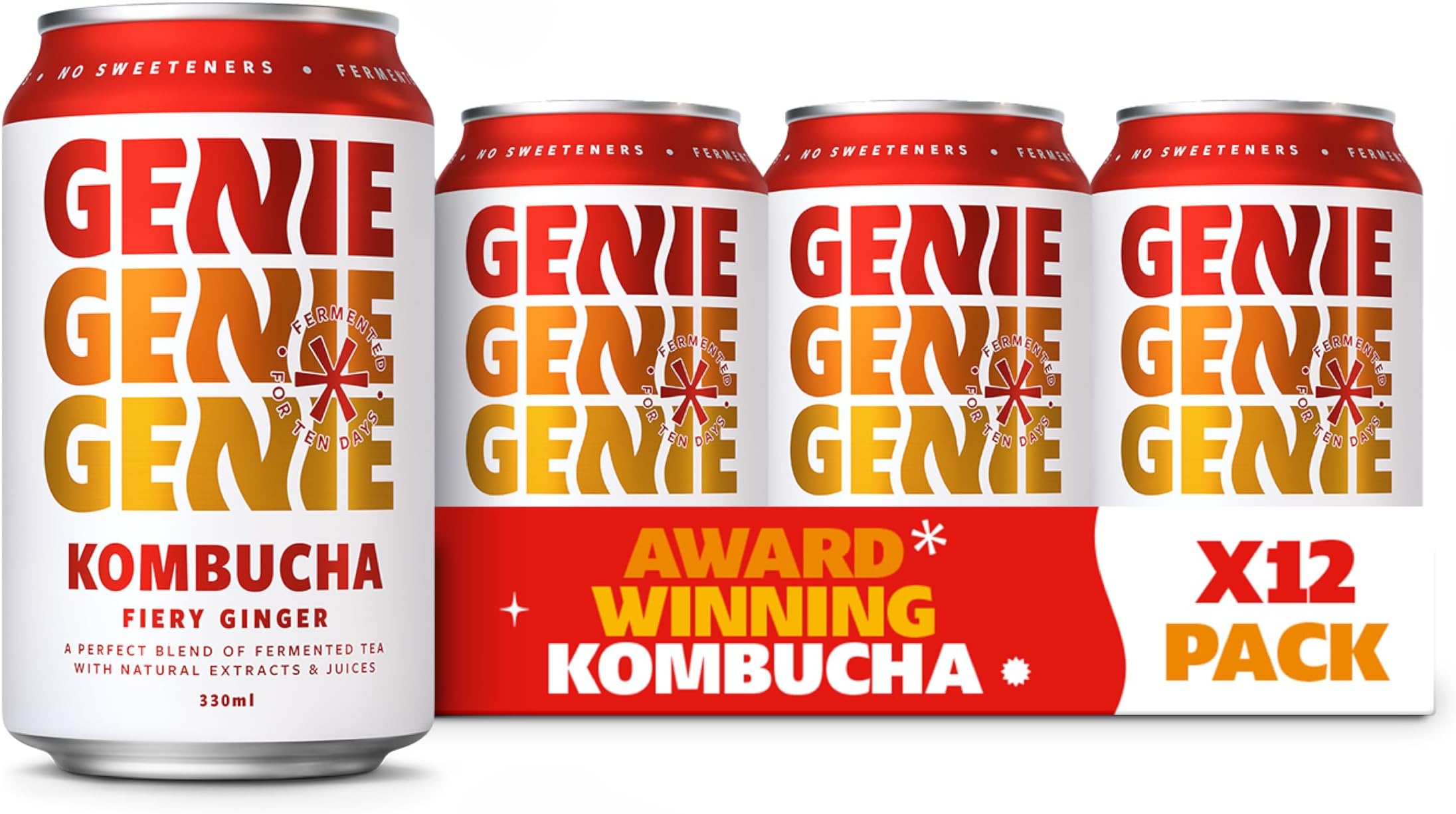 Fiery Ginger Kombucha Drink, Delicious Soft Drinks, Fermented 10 Days for Gut Health, 100% Vegan, No Sweeteners, No Nasties, Made in the UK, Natural Energy, 12 x 330ml Cans
