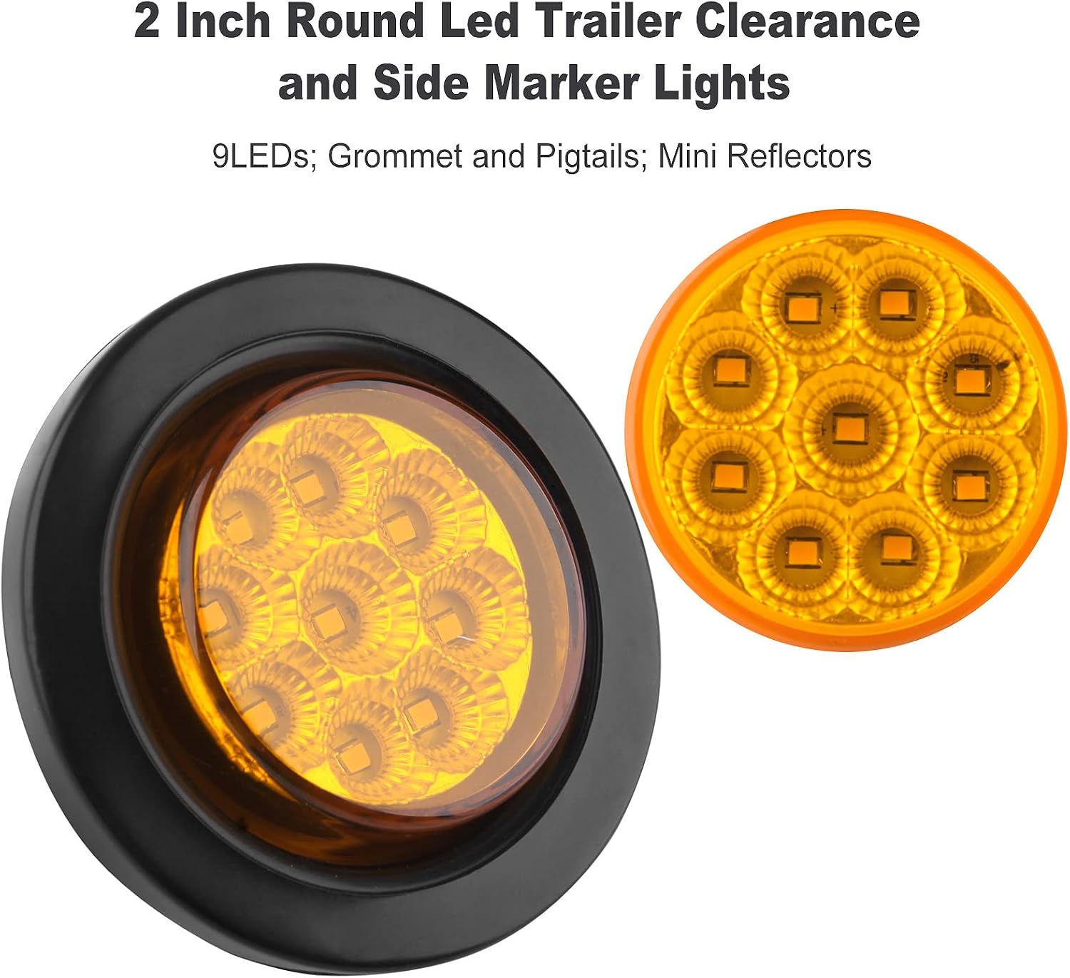 10PCS 2inch Round LED Marker Lights 9 LEDs w/reflex Lens 5 Amber + 5 Red 2" Round LED Trailer Lights Side Clearance Marker Lights for Truck RV Sealed Flush Grommets Mount w/2 Prong Wire Pigtails