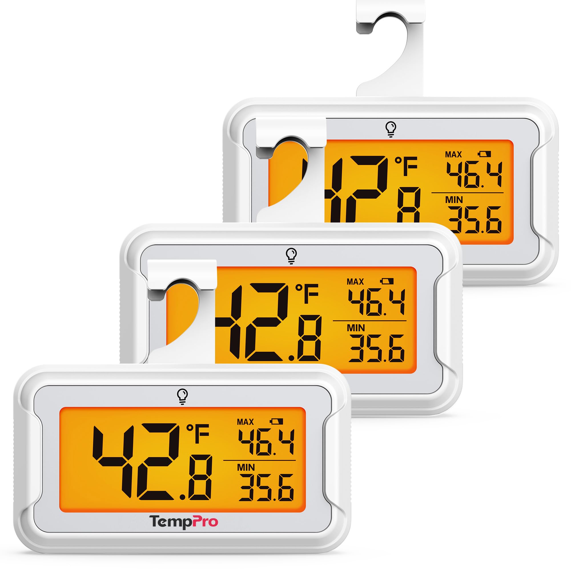 TempPro TempAir Refrigerator Thermometer 3 Pack, Large Backlit LCD Display