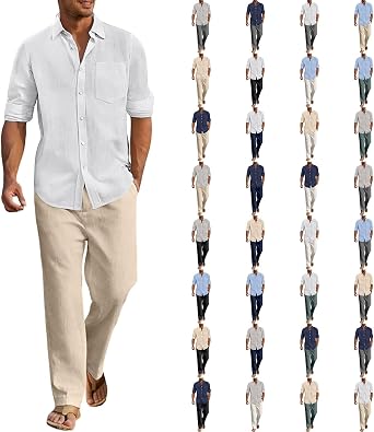 Mens 2 Pieces Linen Set Button Down Shirt and Casual Loose Pant Beach Trousers Cruise Outfits with Pockets 2026